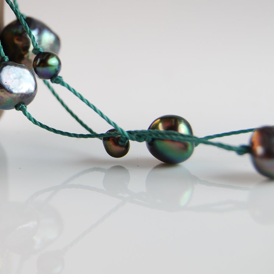 Grey - Black Freshwater Pearl &amp; Green Silk Necklace
