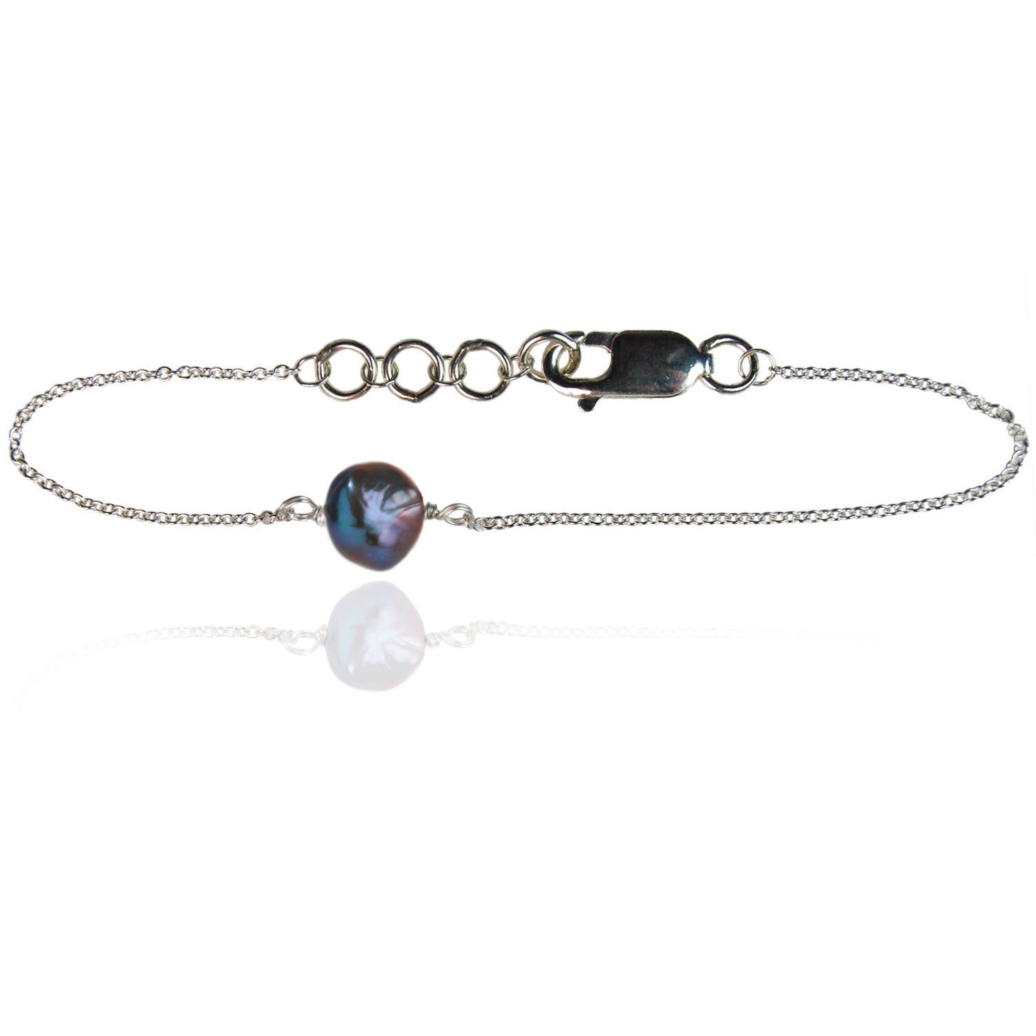 Joyful Peacock Black Pearl Sterling Silver Chain Bracelet