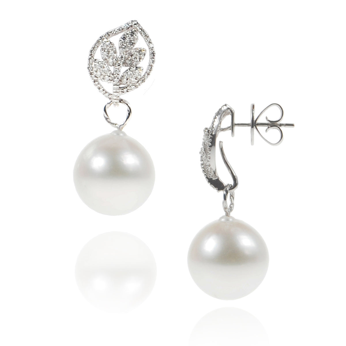 White South Sea Pearl &amp; Diamond &#39;Tsarina - Olive Leaf&#39; Earrings