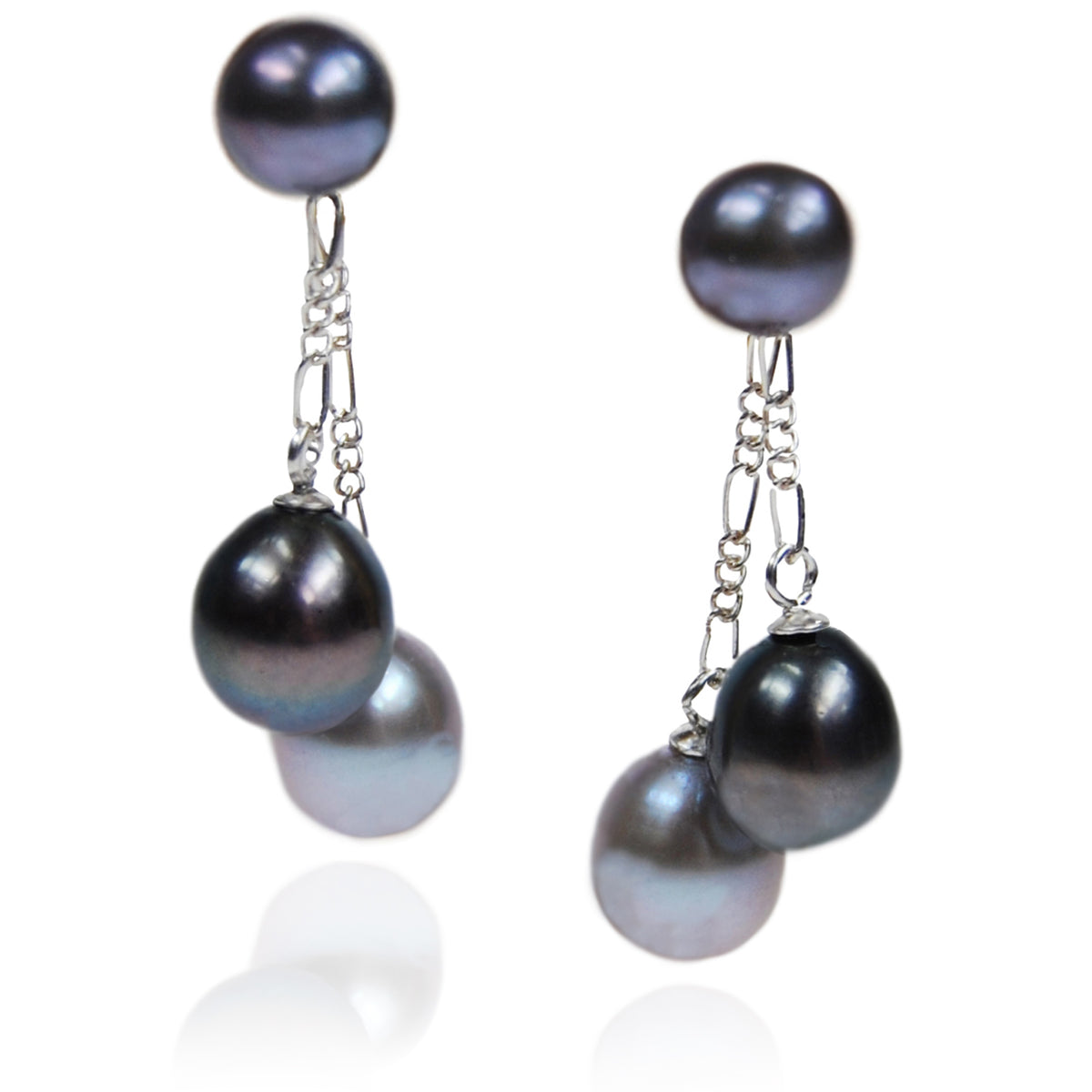 Grey &amp; Black Freshwater Pearl Double Drop Earrings
