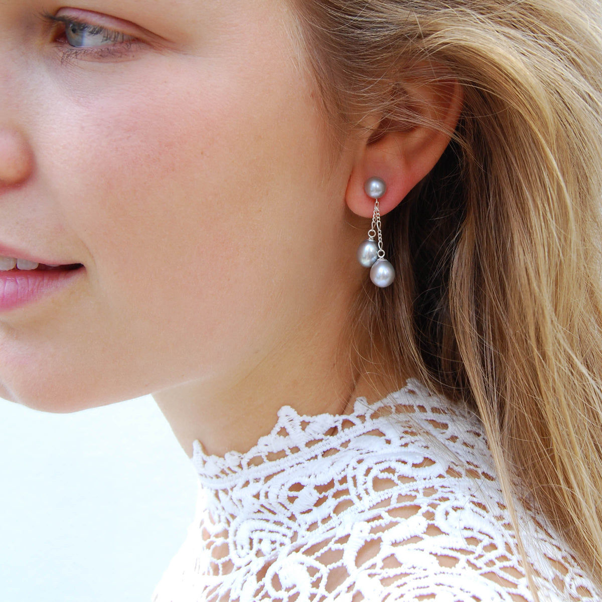 Grey Freshwater Pearl Double Drop Earrings