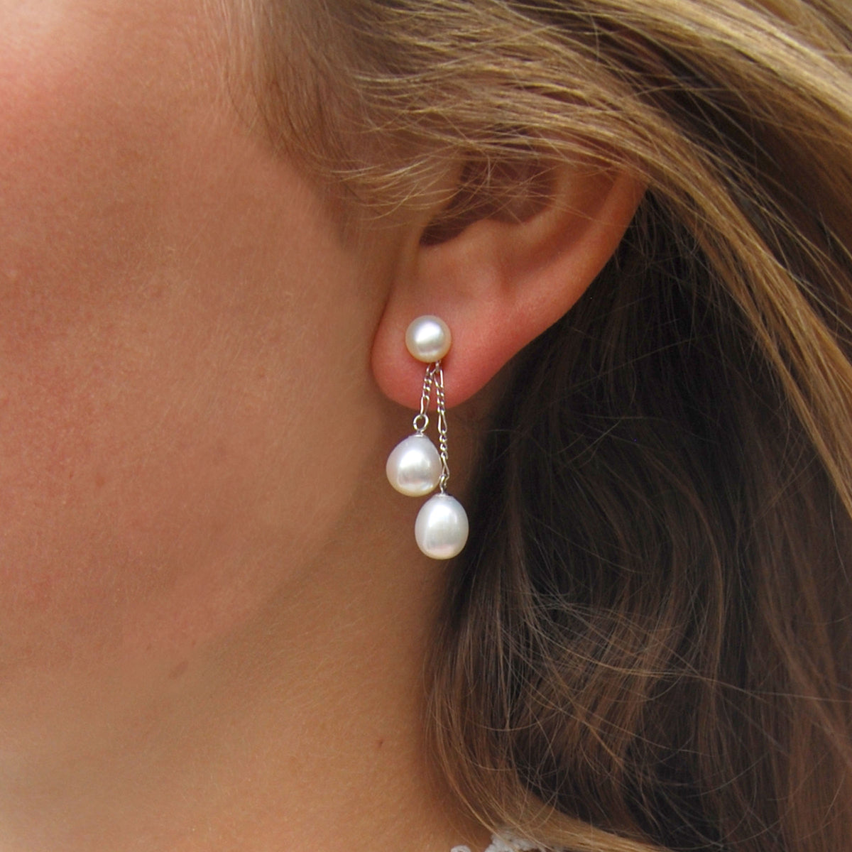 White Freshwater Pearl Double Drop Earrings