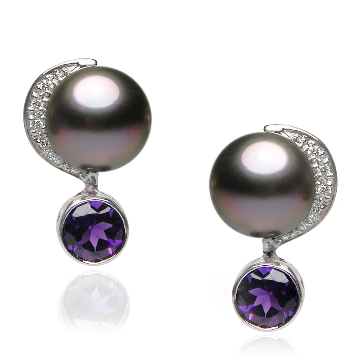 Black Tahitian Pearl &#39;Moon&#39; Diamond &amp; Amethyst Earrings