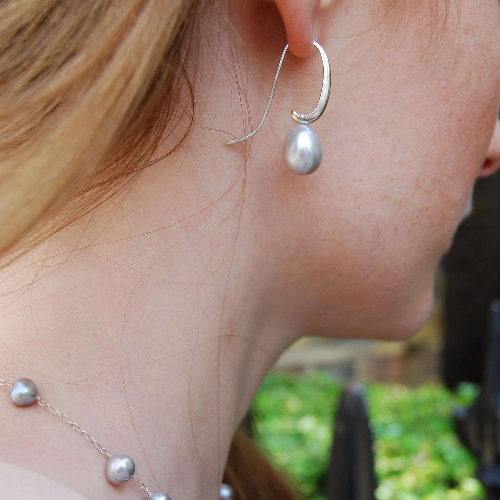 Joyful Shepherd Crook Dove Grey Pearl Drop Earrings