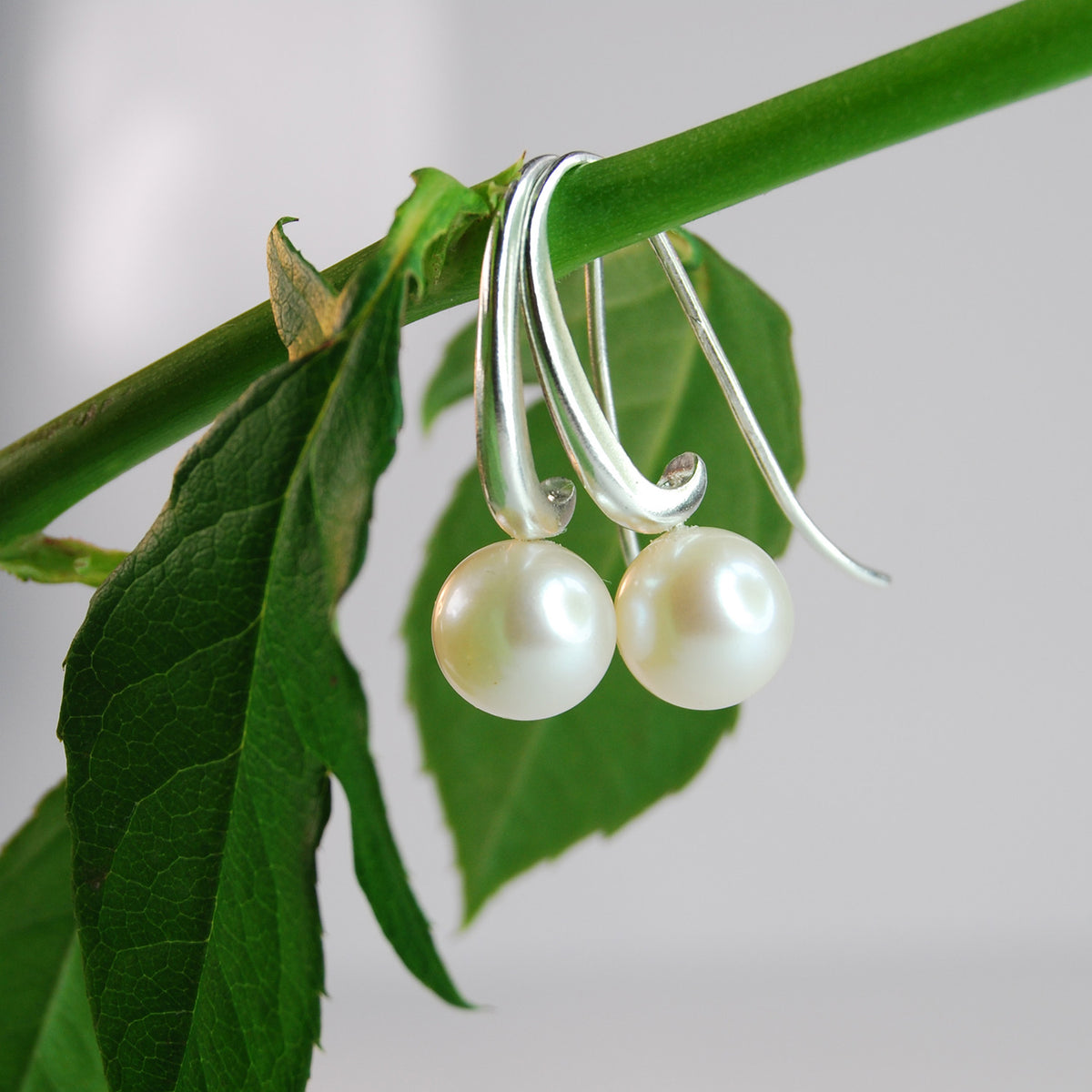 Joyful Shepherd Crook Round White Pearl Drop Earrings