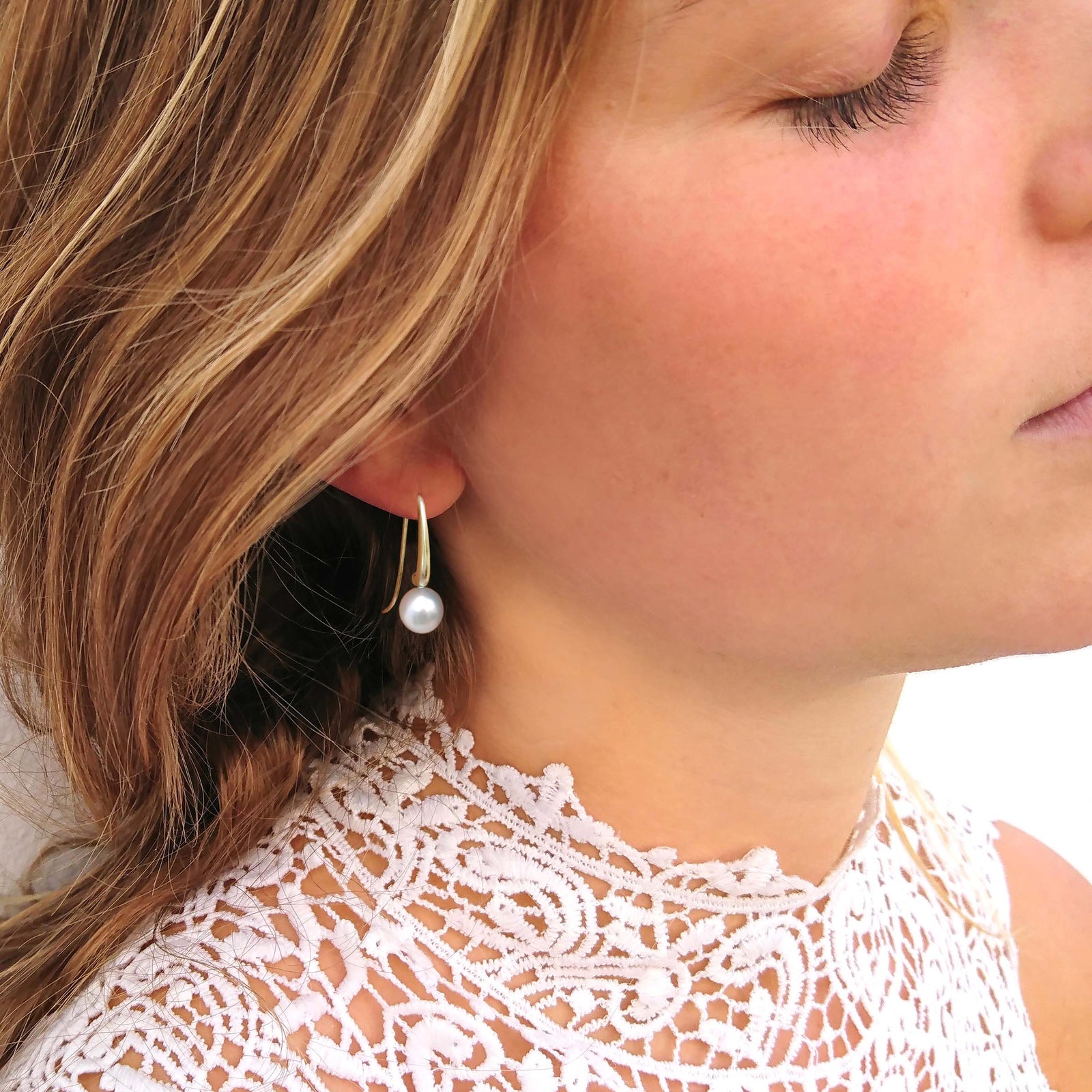 Joyful Shepherd Crook White Round Pearl Drop Earrings