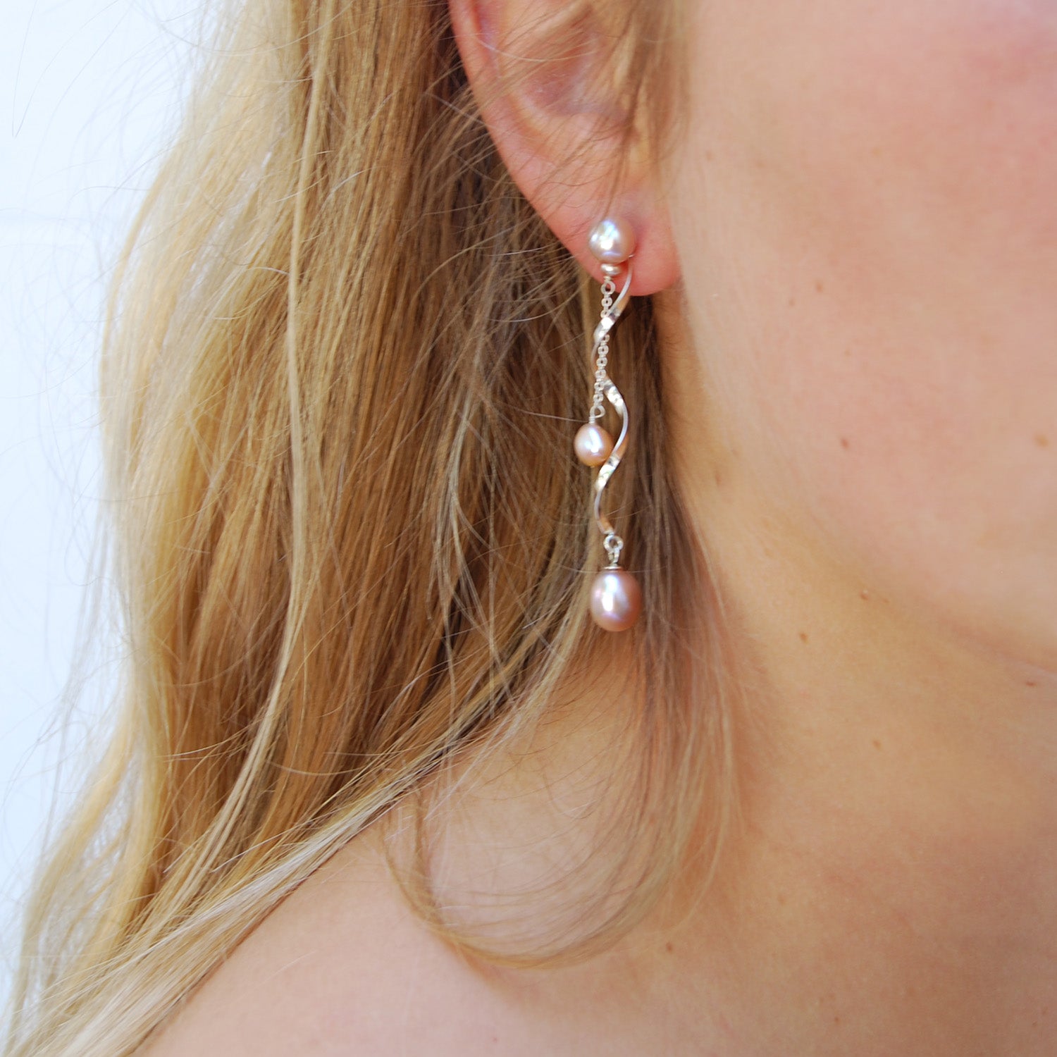 Freshwater Pearl earrings with optional long Silver Swirl & Chain Pearl Drop in Pink