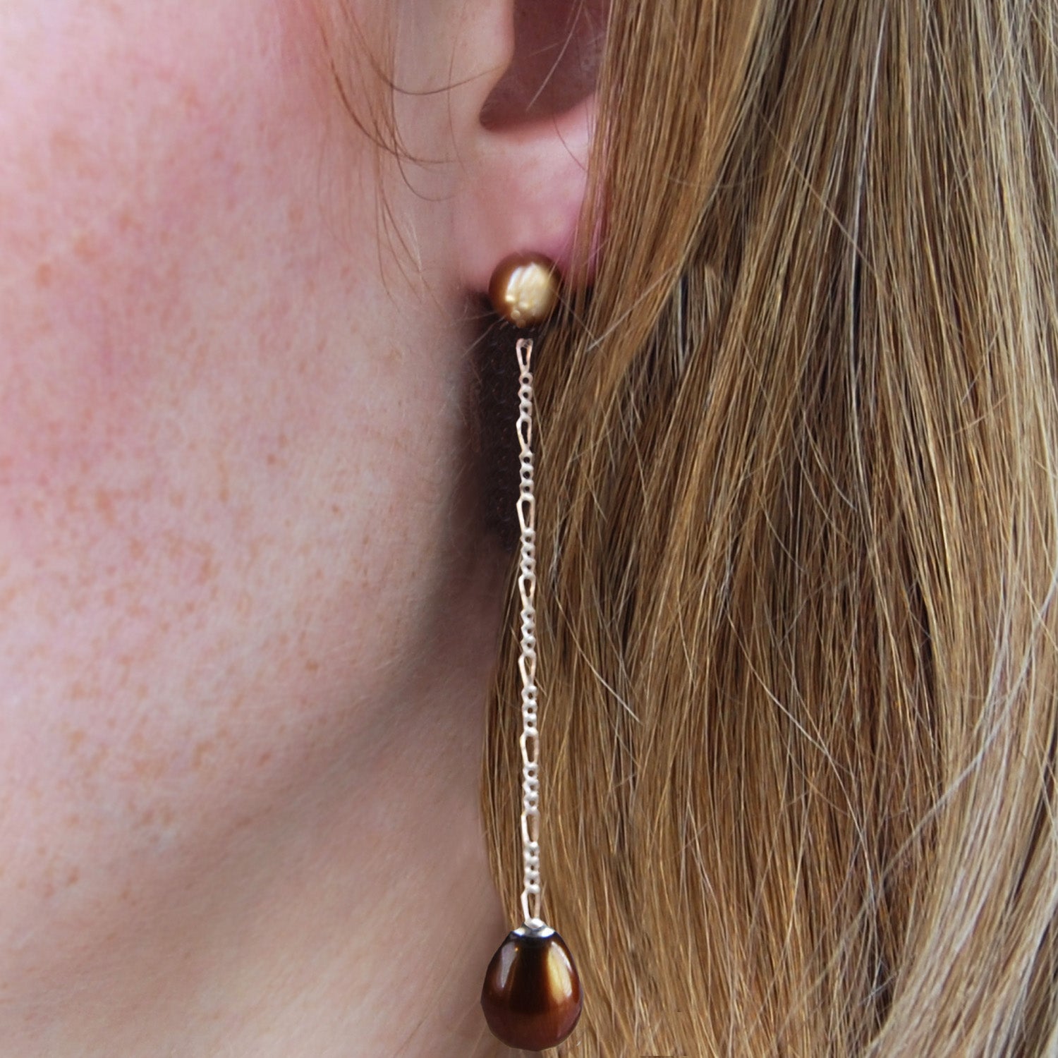 Long Drop Copper Pearl Earrings on Silver