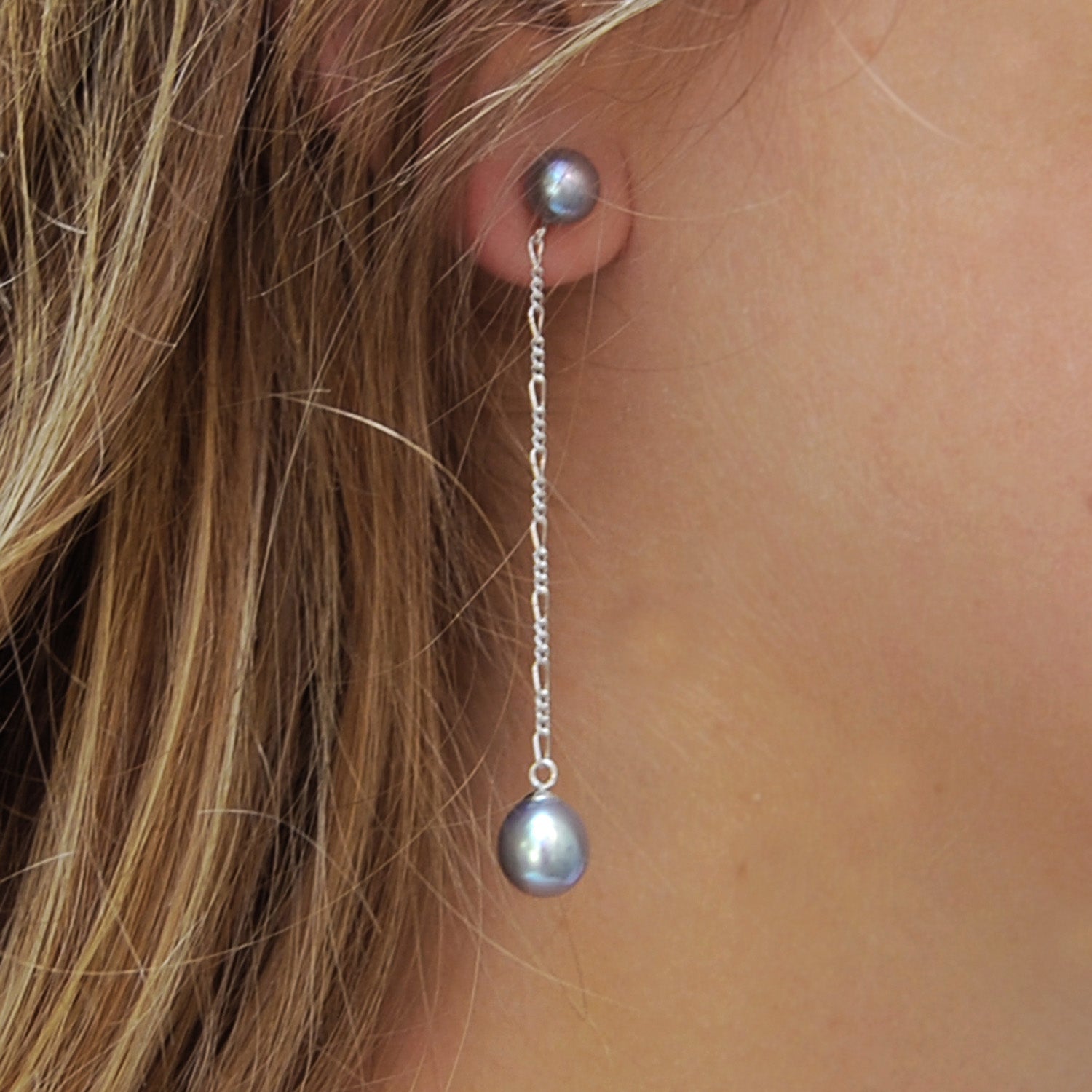 Long Drop Dove Grey Pearl Earrings on Silver