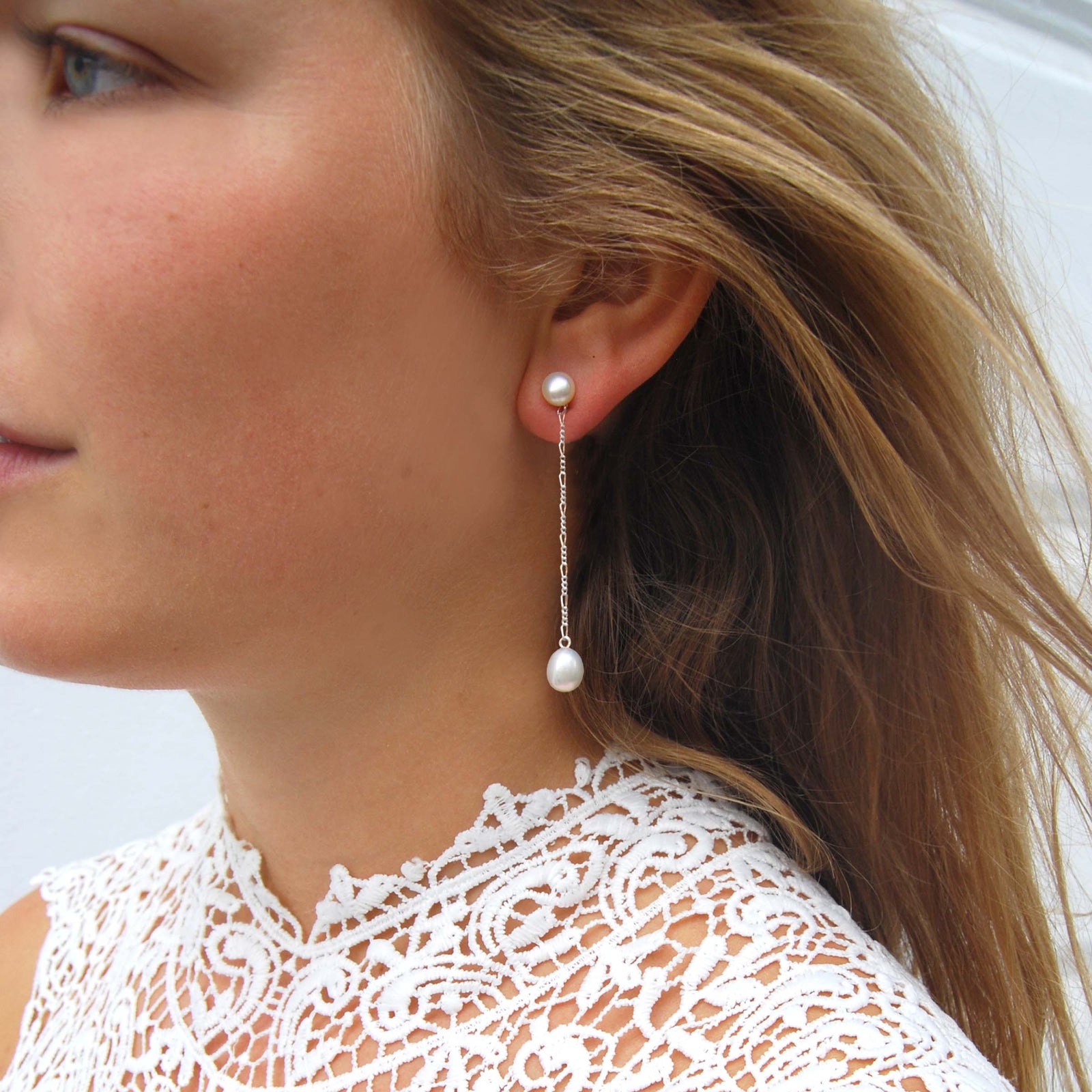 Classic Long Drop White Pearl Earrings on Silver