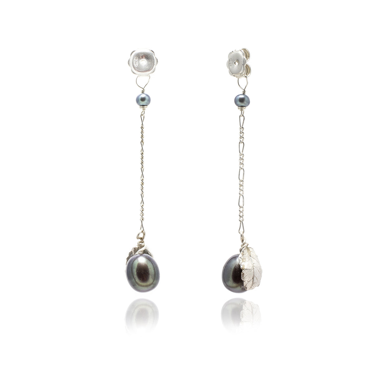 Black Freshwater Pearl &#39;Back To Basics&#39; Long-Drop Silver Earrings