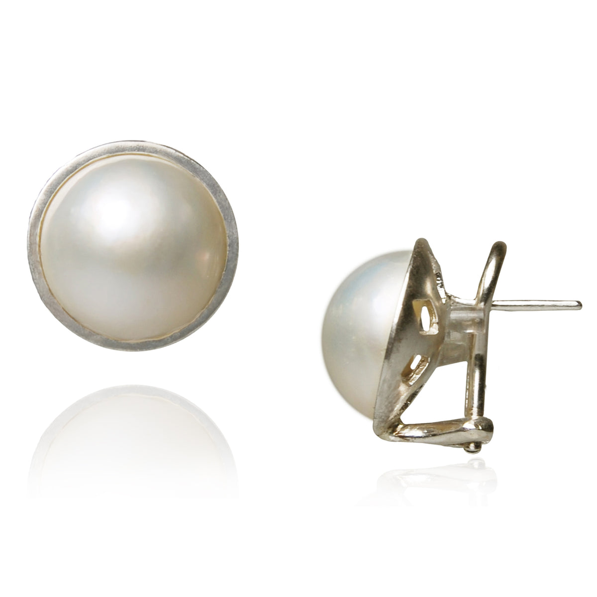 White Mabe Pearl &amp; Silver Stud Earrings
