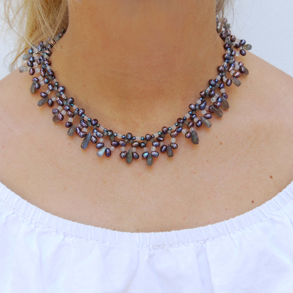 Black Freshwater Pearl, Labradorite &amp; Rose Quartz Necklace