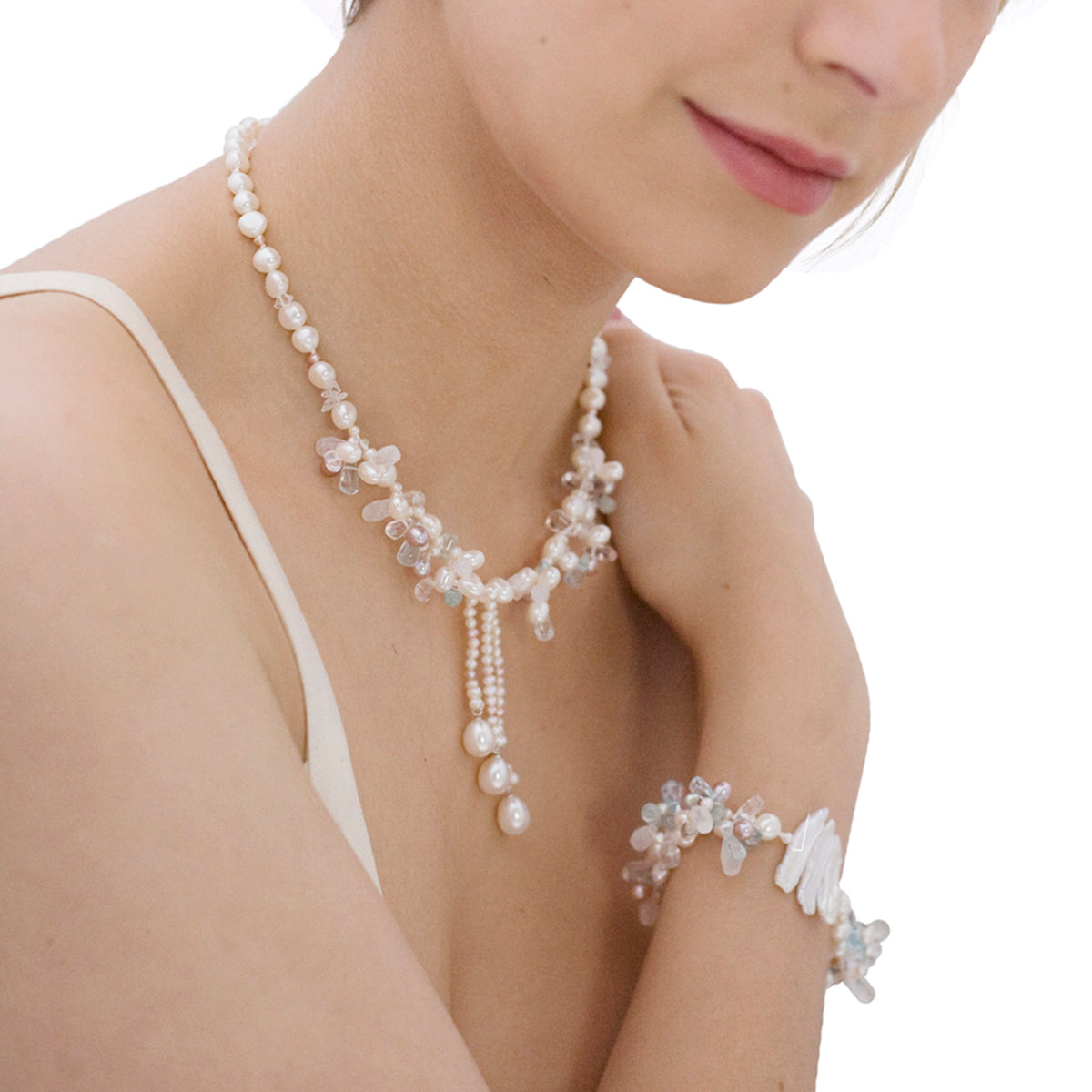 Morse Code' Pearl and Semi Precious Stone Necklace in White