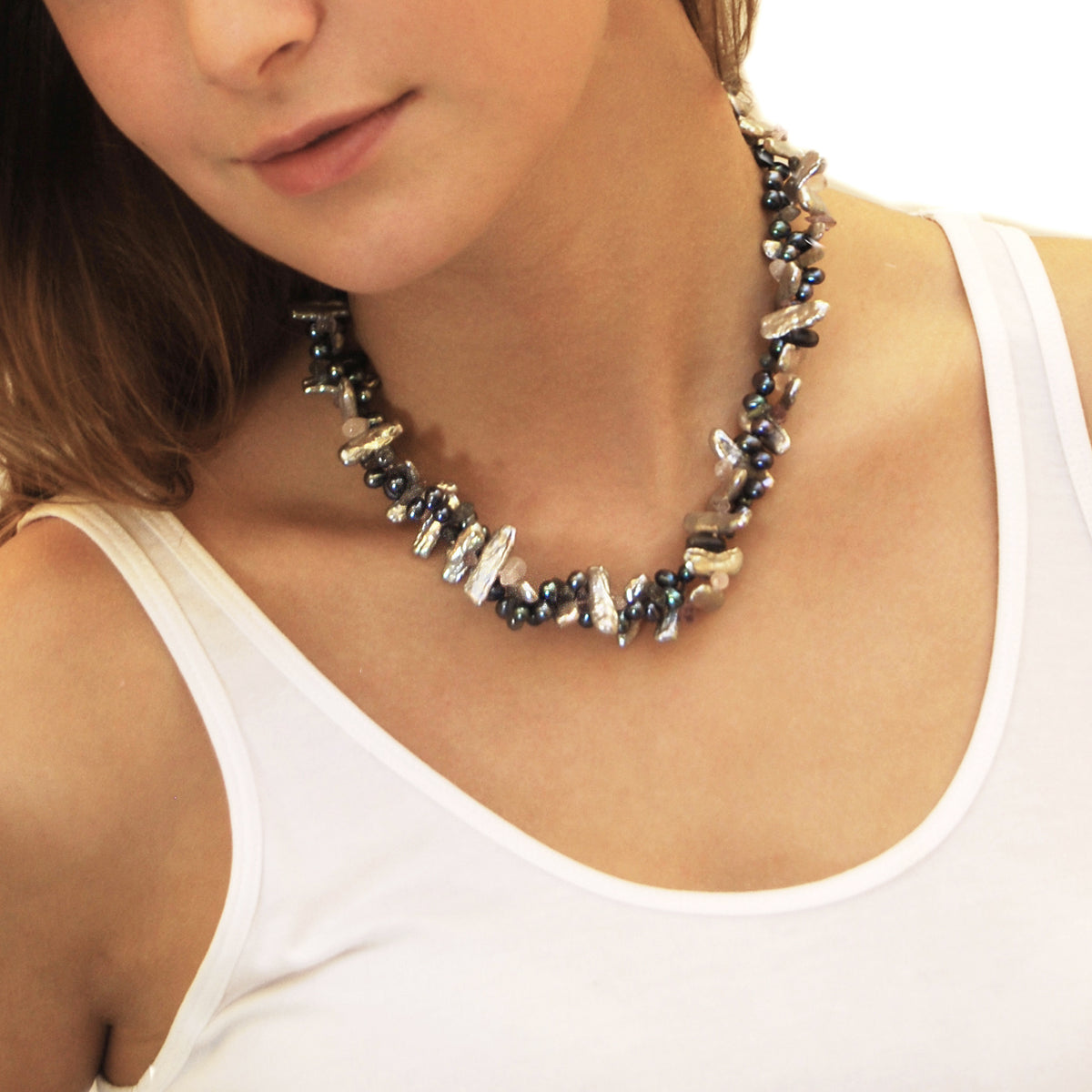 Black, Grey Freshwater Pearl &amp; Semi-Precious Stone Necklace