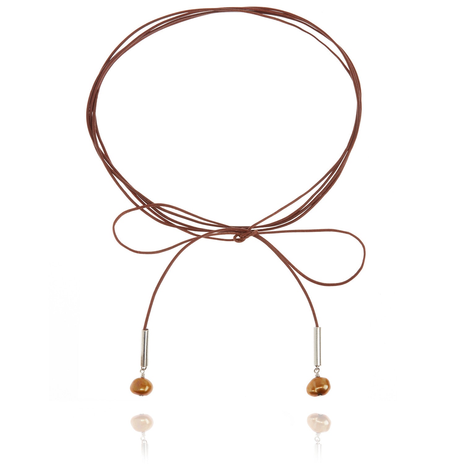 Joyful Tan Leather Necklace With Two Pearl Drops 