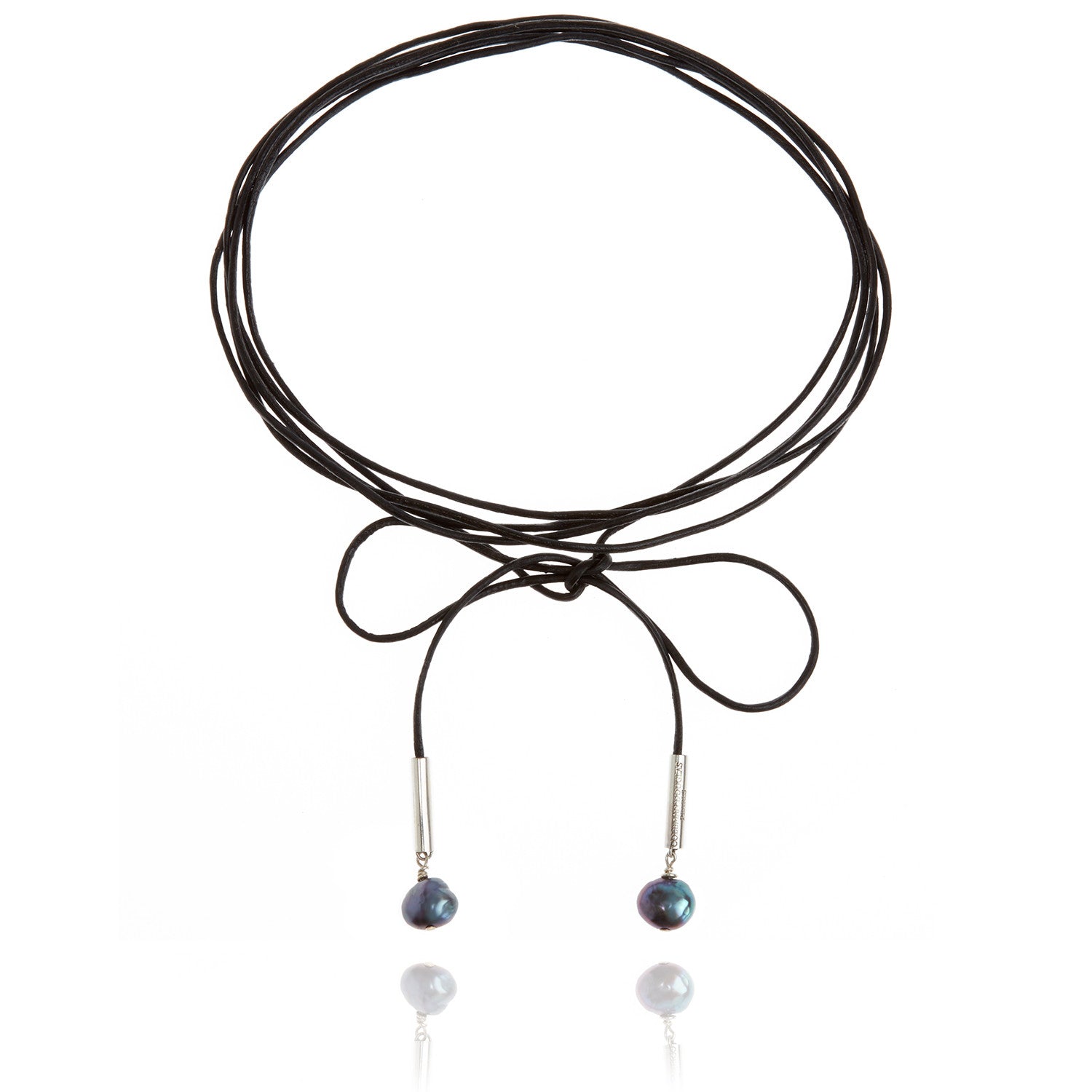 Joyful Black Leather Necklace With Two Pearl Drops