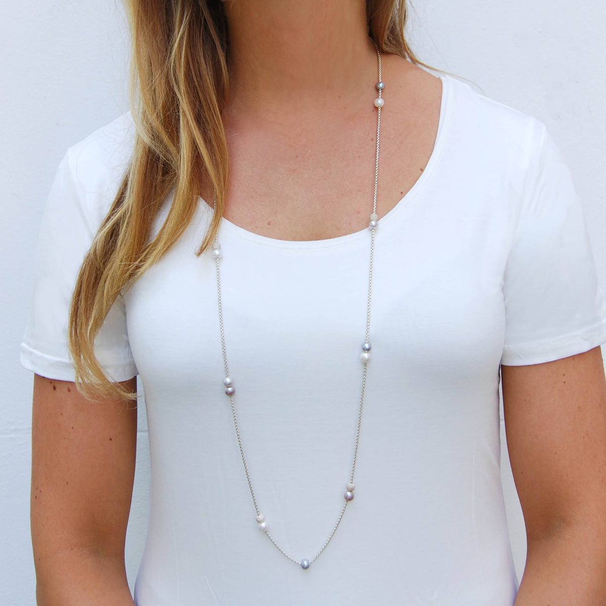 3-Tone Freshwater Pearl &amp; Long Chain Necklace