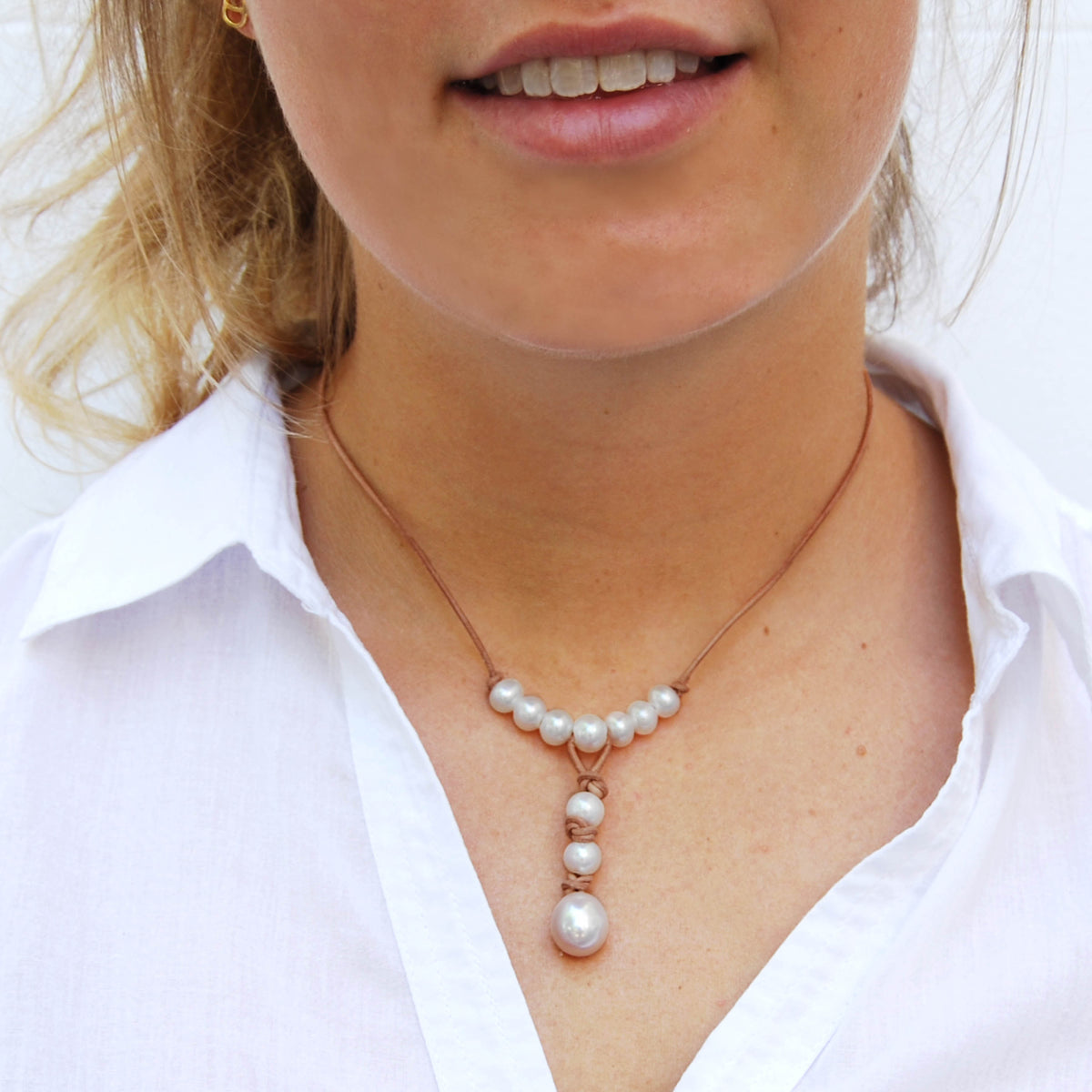 White Freshwater Pearl &amp; Tan Leather Drop &#39;Warrior&#39; Necklace