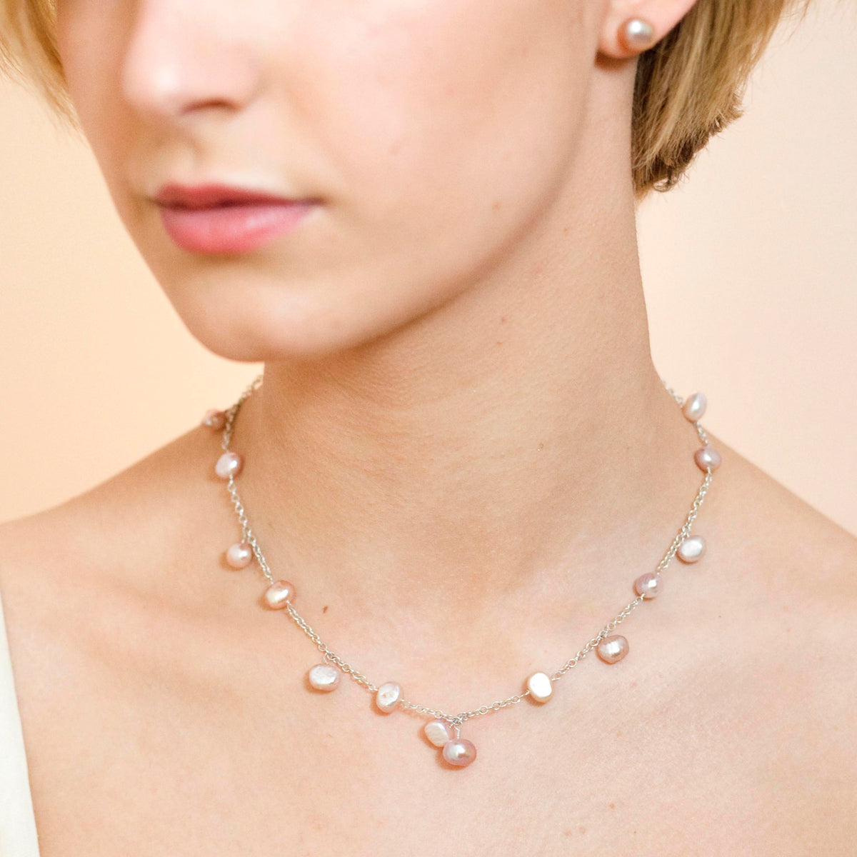 Pink Biwa Pearl &amp; Silver Chain Necklace