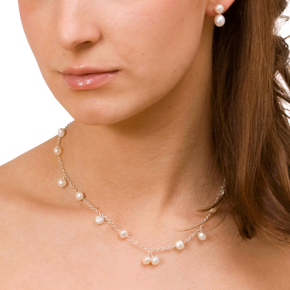 White Biwa Pearl &amp; Silver Chain Necklace
