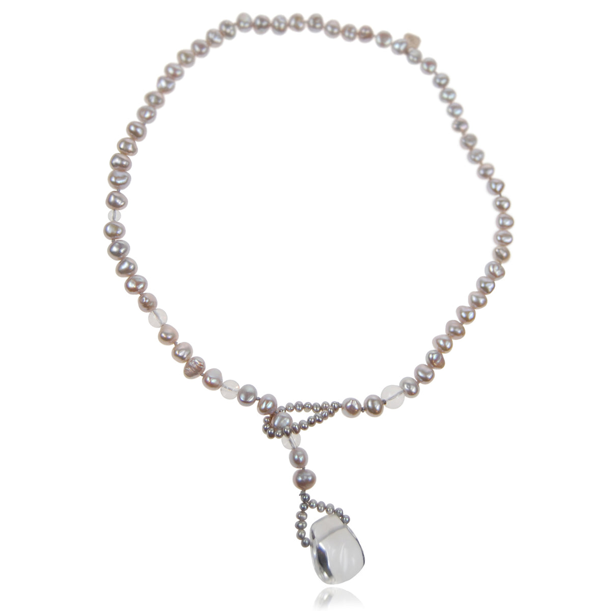 Grey Biwa Pearl &amp; Rock Crystal Short Lasso Necklace