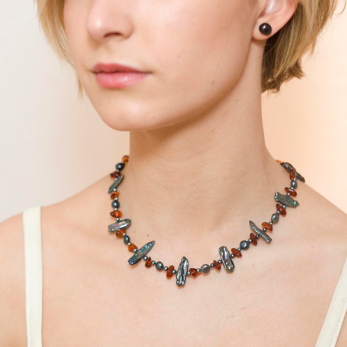 Black Freshwater Pearl &amp; Amber Asymmetric Necklace