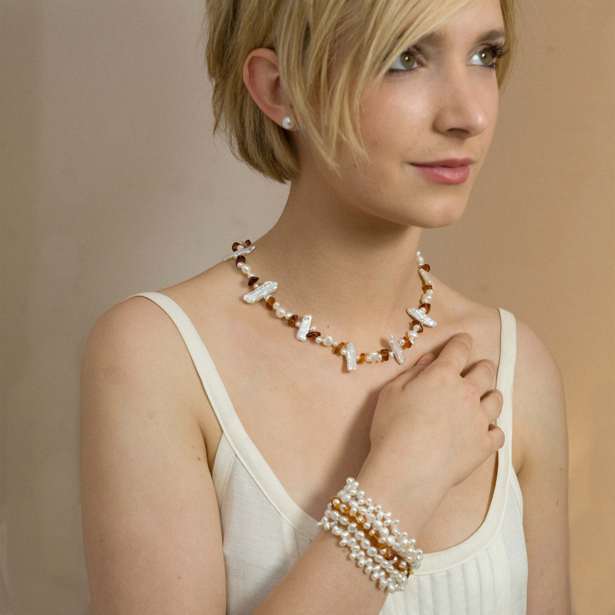 White Freshwater Pearl &amp; Amber Asymmetric Necklace