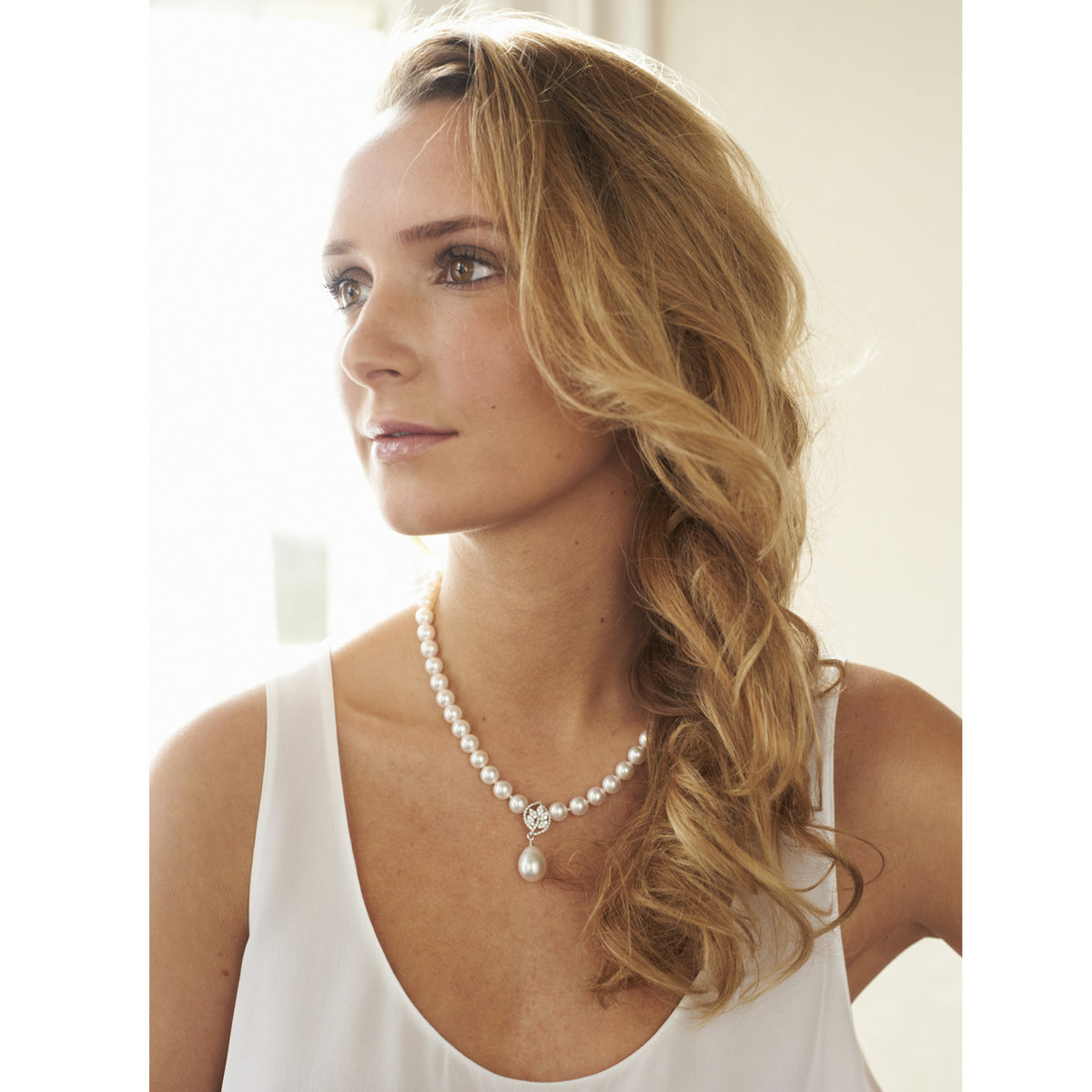 White Akoya &amp; South Sea Pearl Necklace with Diamond Leaf Centrepiece