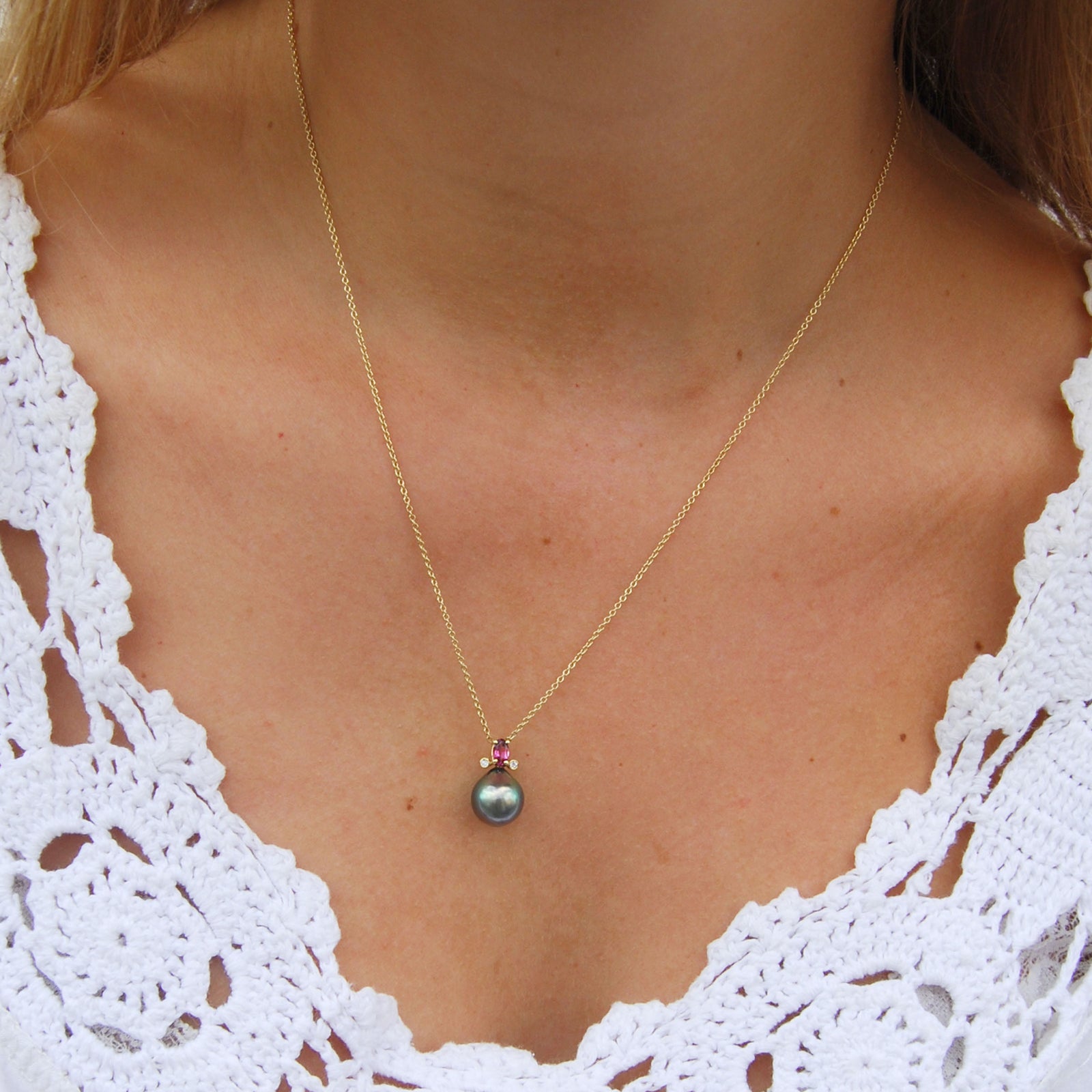 Joyful Pink Tourmaline & Diamond Tahitian Pearl Pendant