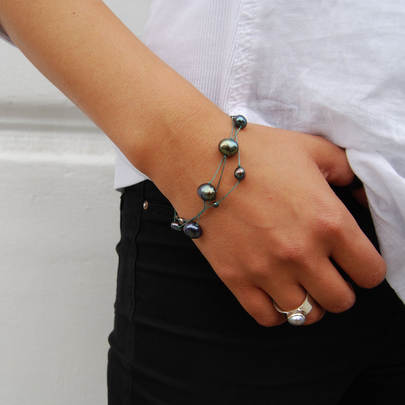 Cultured Freshwater Pearl on Green Silk Bracelet