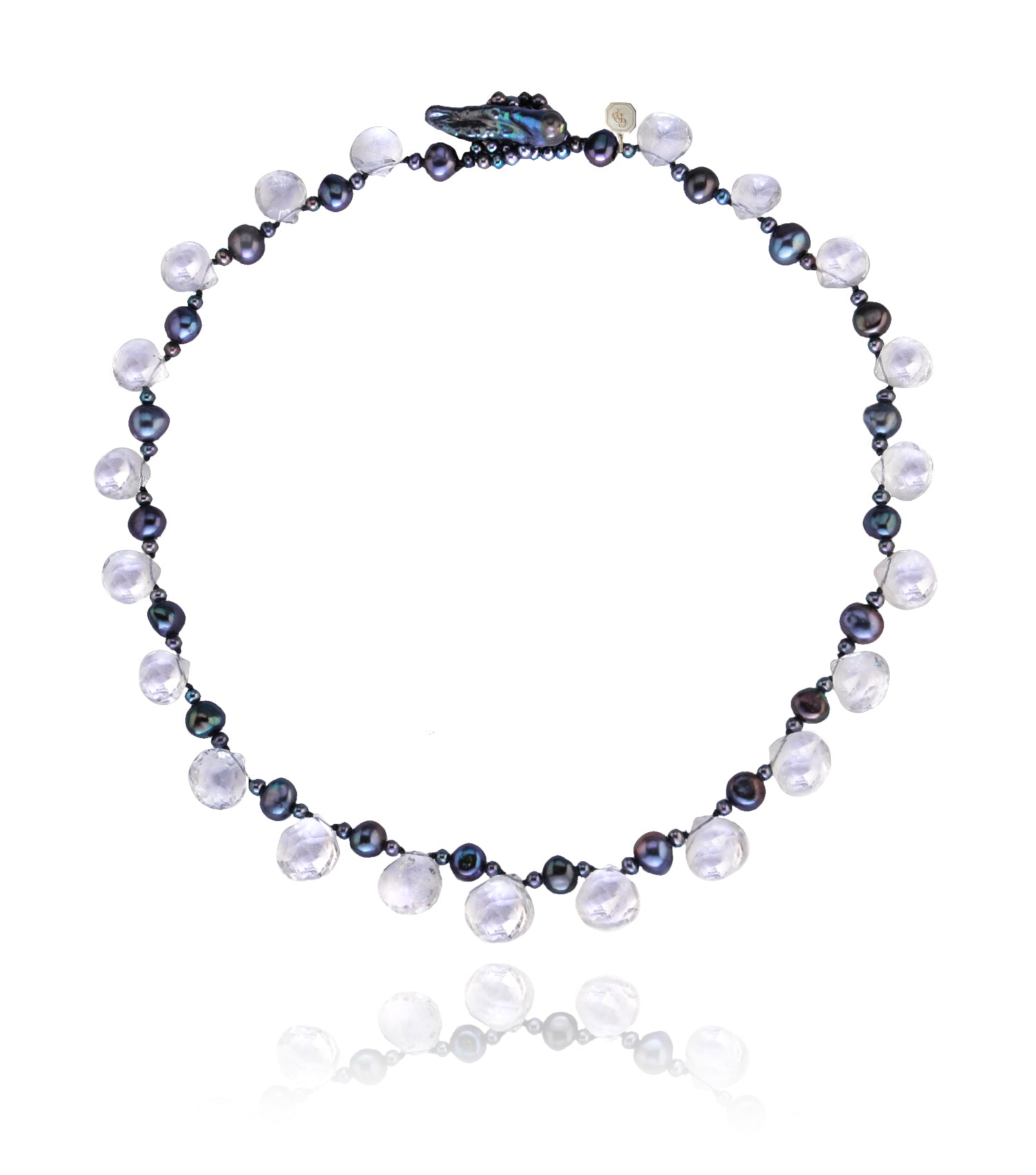 Faceted Rock Crystal Droplet Necklace With Black Pearl Spacers