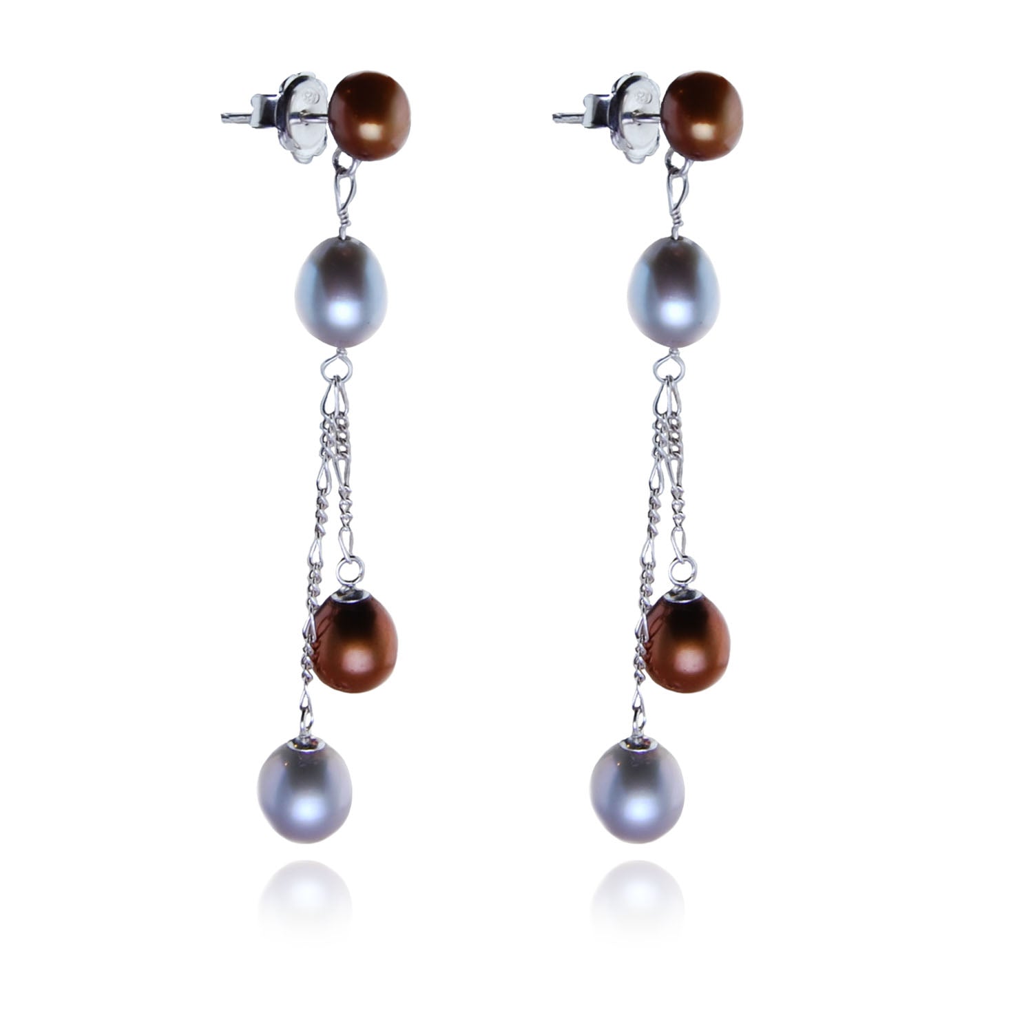 Freshwater Pearl Long Drop Earrings in Copper and Dove Grey