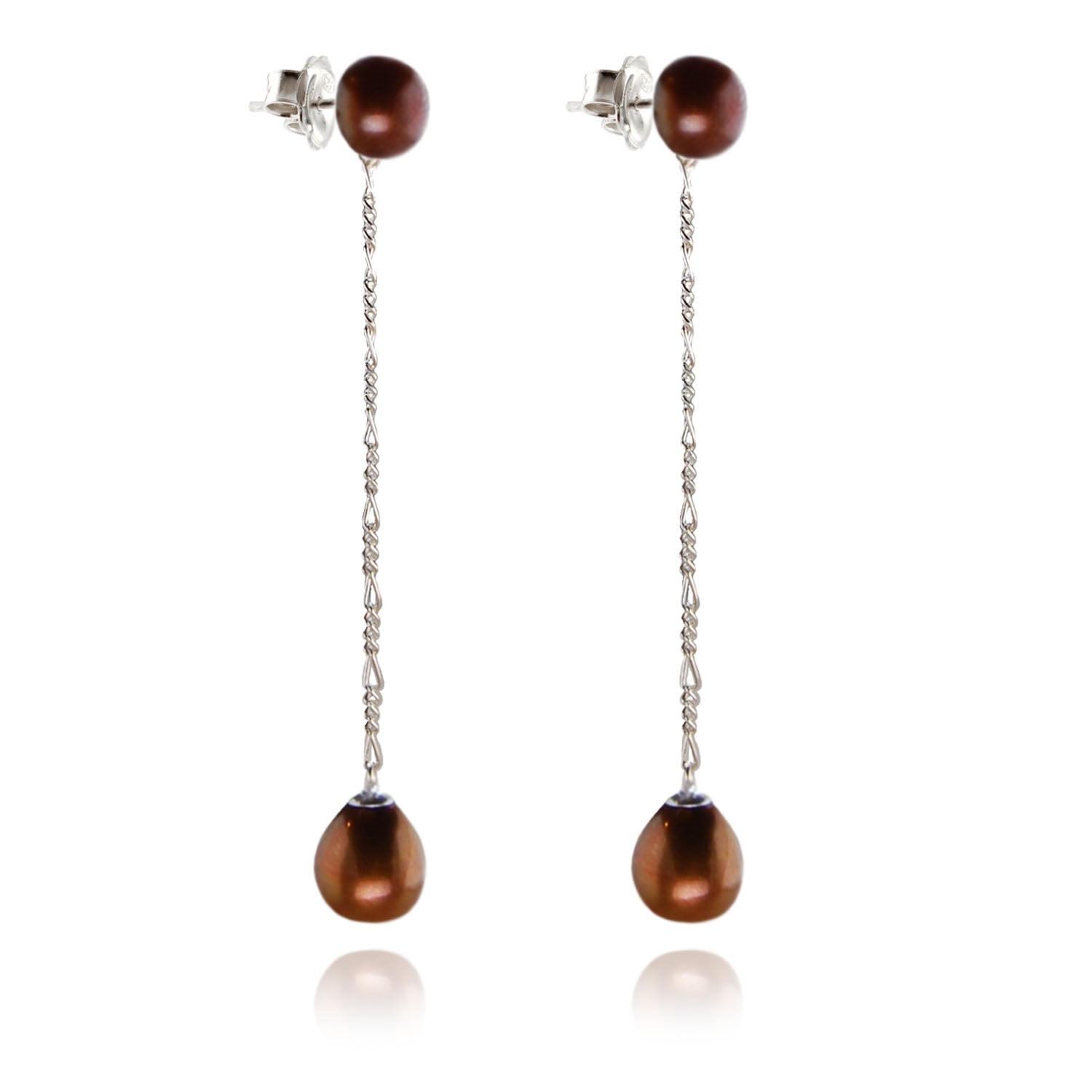 Long Drop Copper Pearl Earrings on Silver