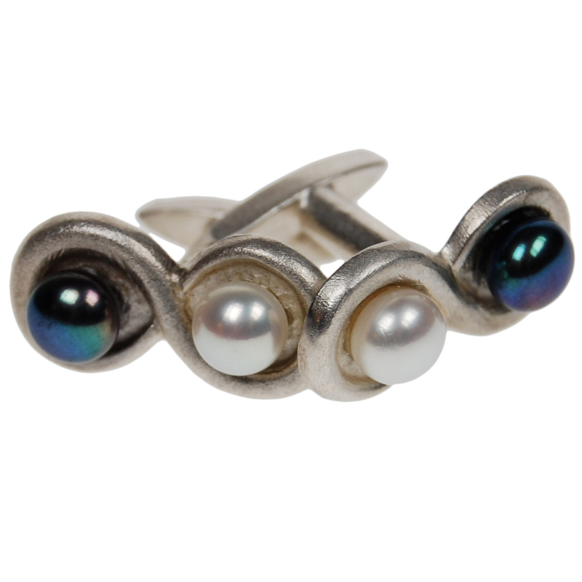 ﻿&#39;Figure of Eight&#39; Pearl Cufflinks in White and Peacock Black
