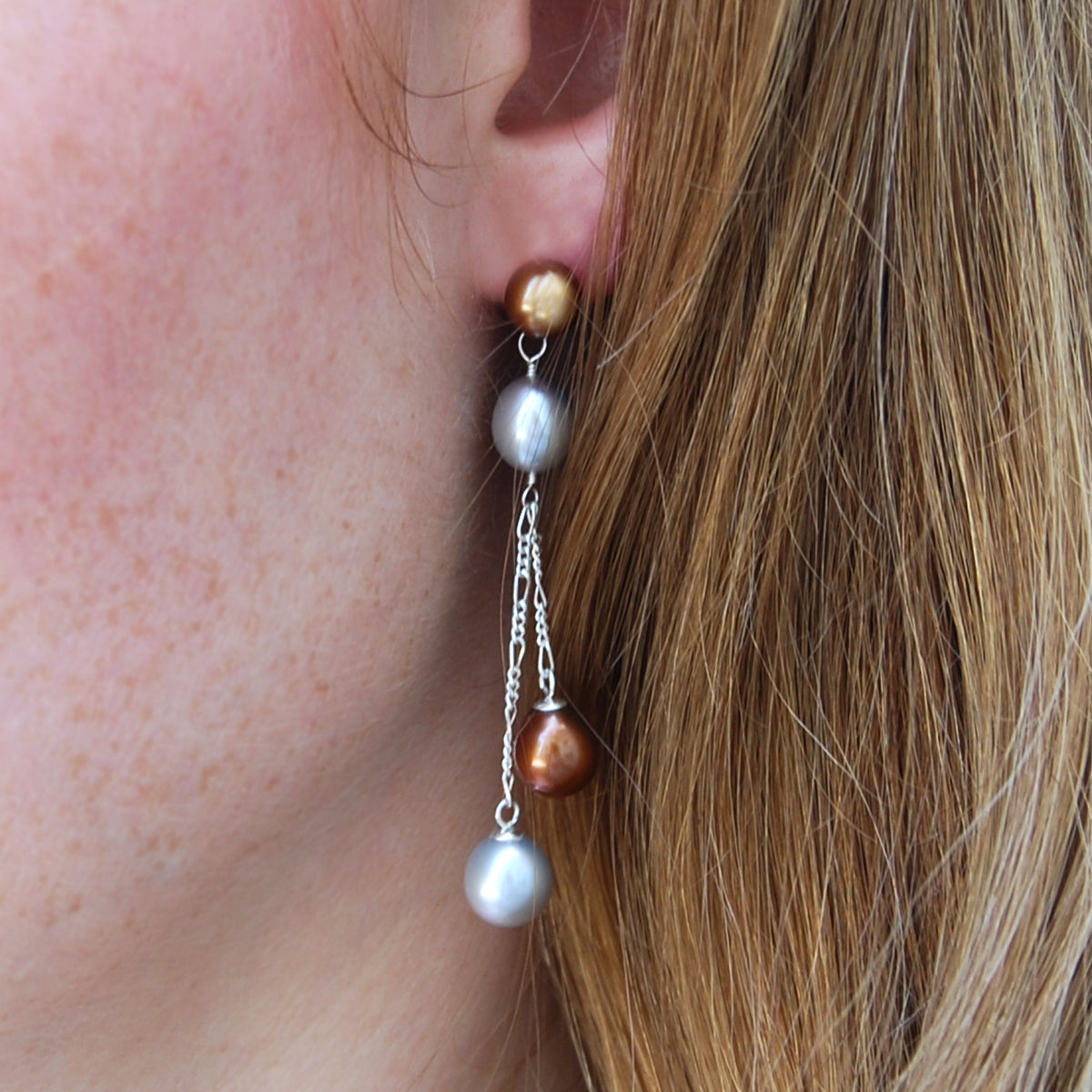 Copper &amp; Grey Freshwater Pearl Long Double Drop Earrings