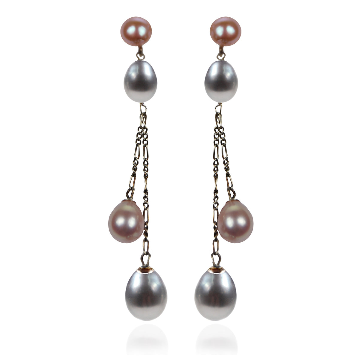 Pink &amp; Grey Freshwater Pearl Long Double Drop Earrings