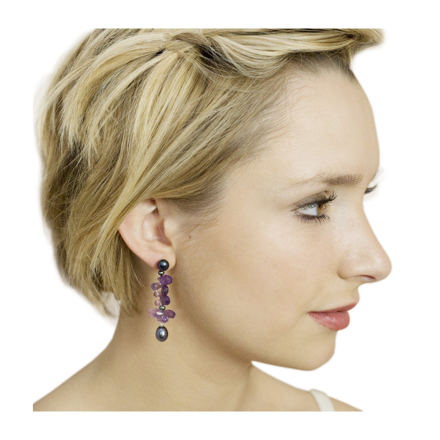 Long 'Twinkling Light' Earrings in Peacock Black and Amethyst
