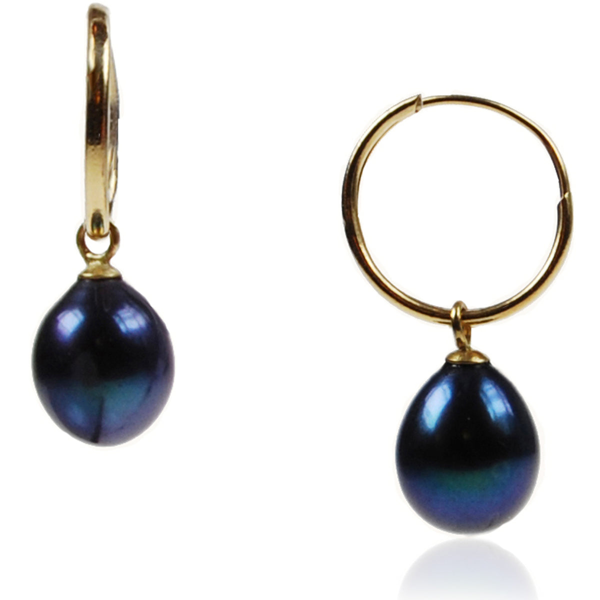 Black Freshwater Pearl 18ct Gold &#39;Skinny-Hoop&#39; Earrings