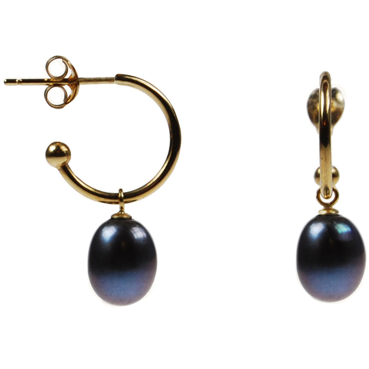 Freshwater Pearl Drop Earrings on 18ct Gold Open Hoops in Black