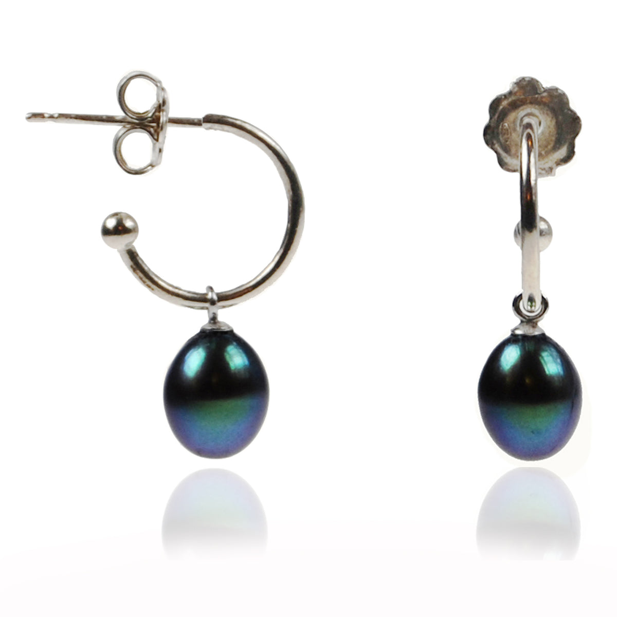 Black Freshwater Pearl Silver Hoop Earrings