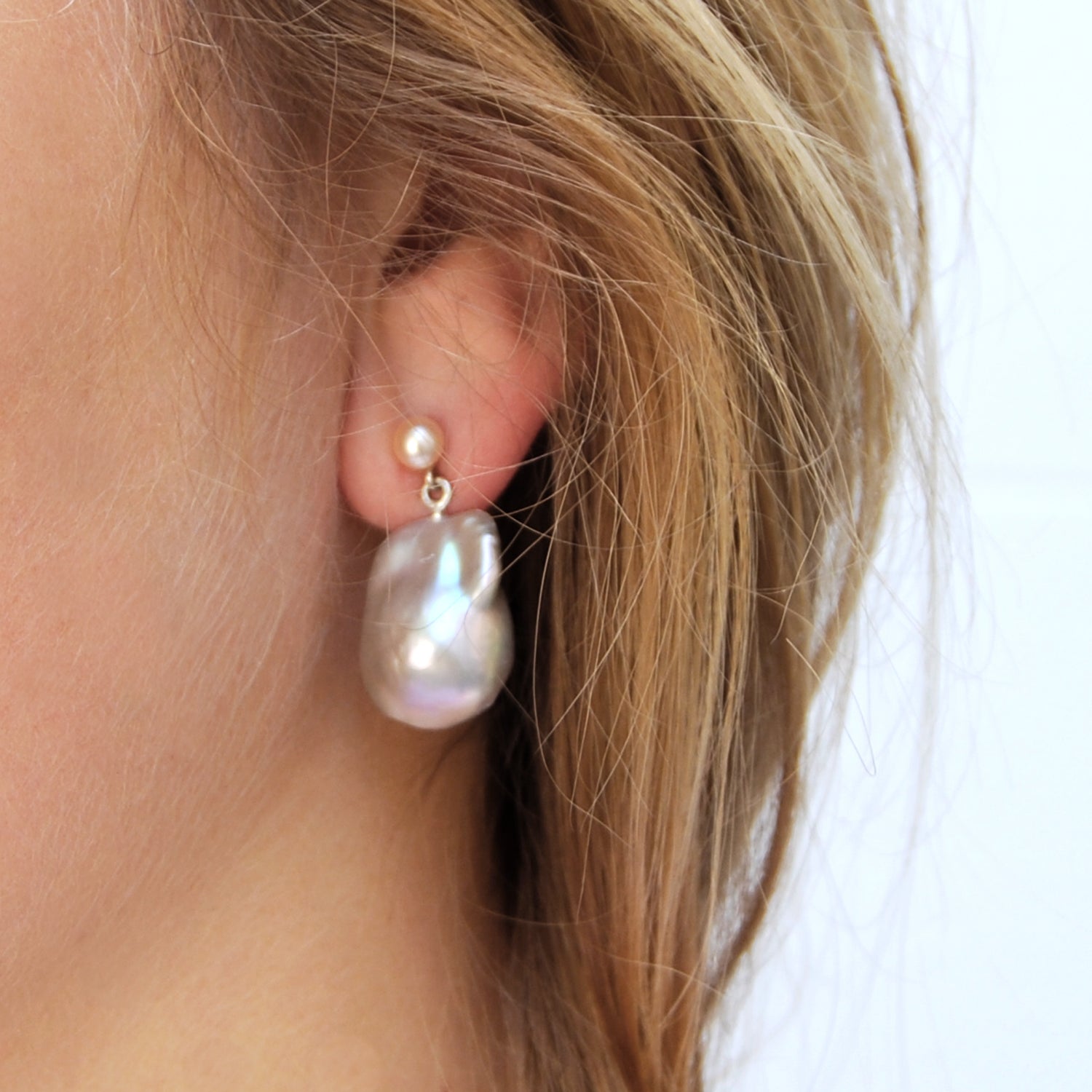 Baroque Shape Large Freshwater Pearl Drop on Petite Pearl Stud