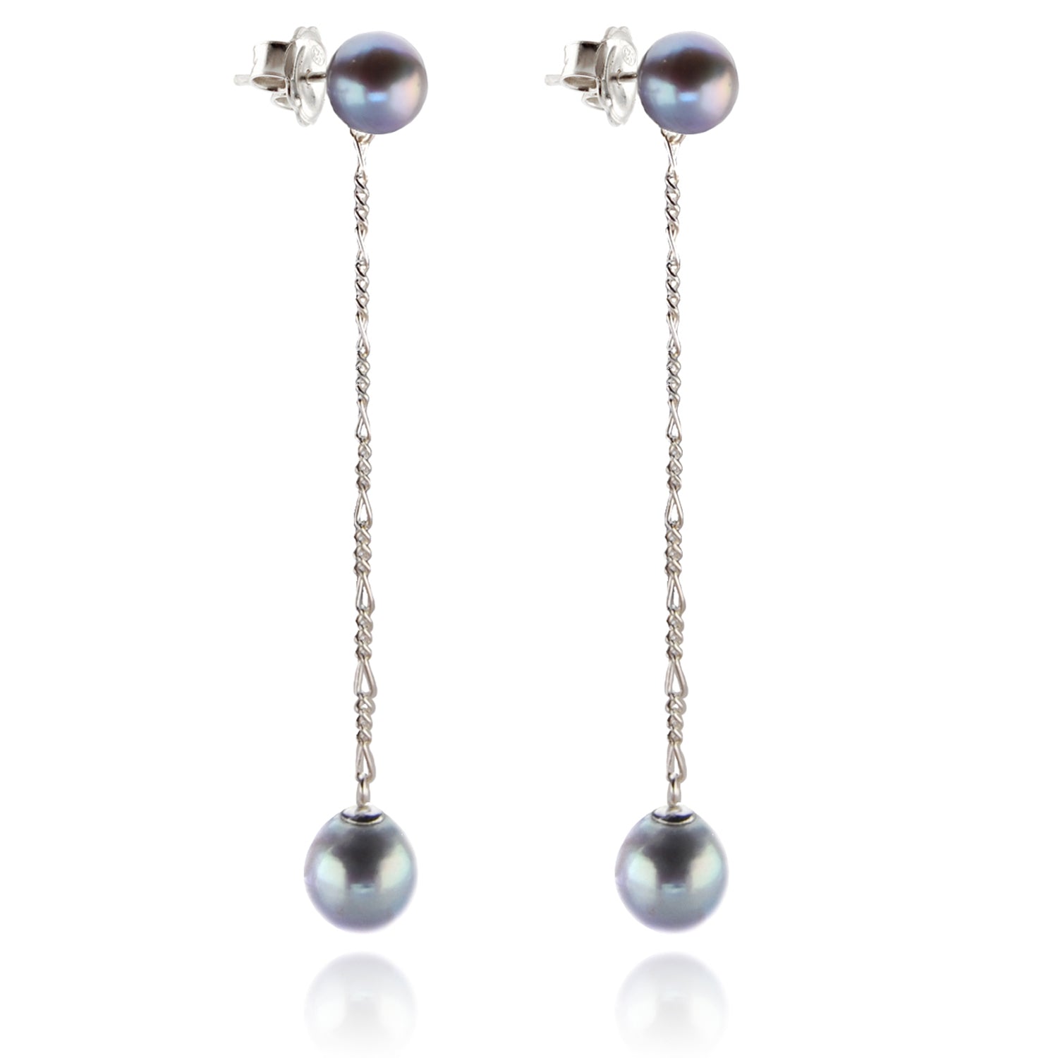 Long Drop Dove Grey Pearl Earrings on Silver