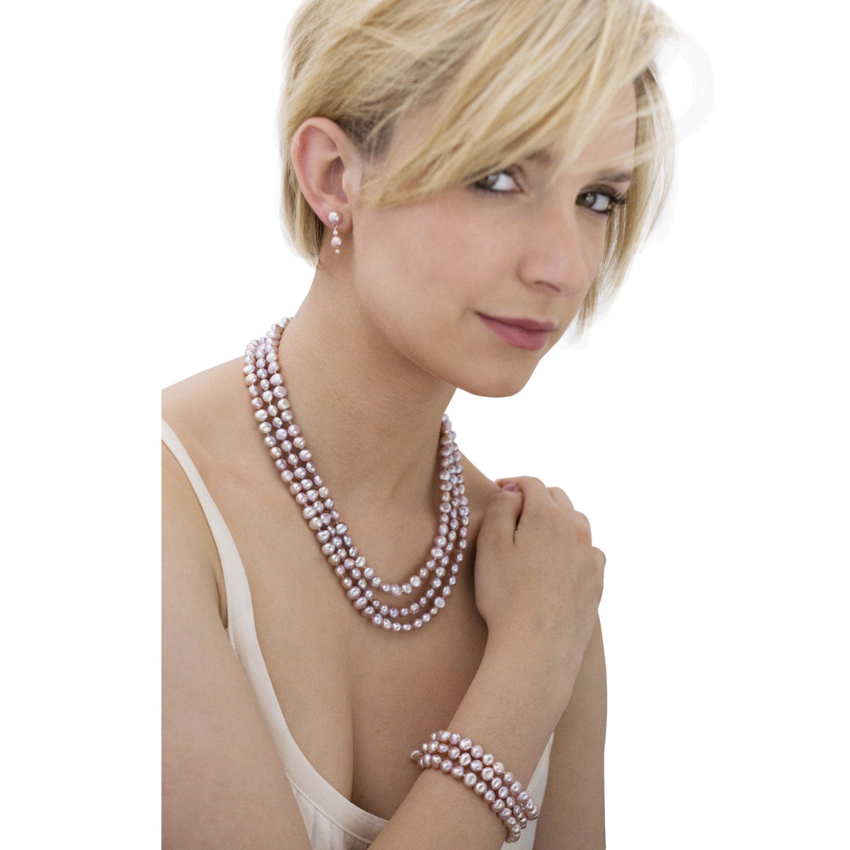 Pink Biwa Pearl 3 Strand &#39;Classic&#39; Necklace