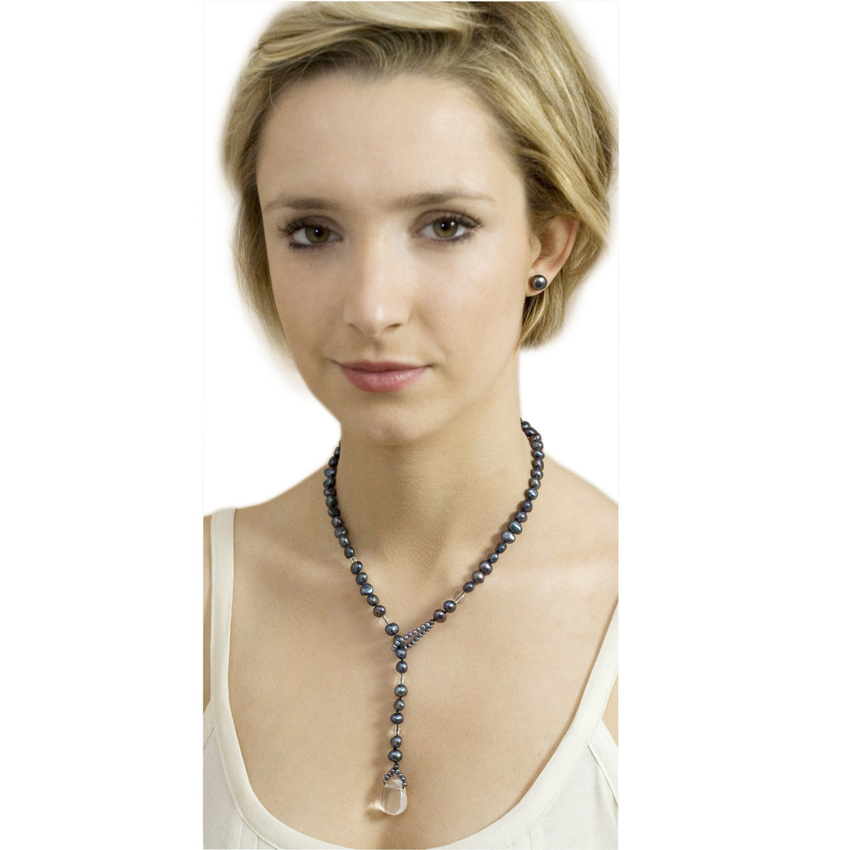 Black Biwa Pearl &amp; Rock Crystal Short Lasso Necklace