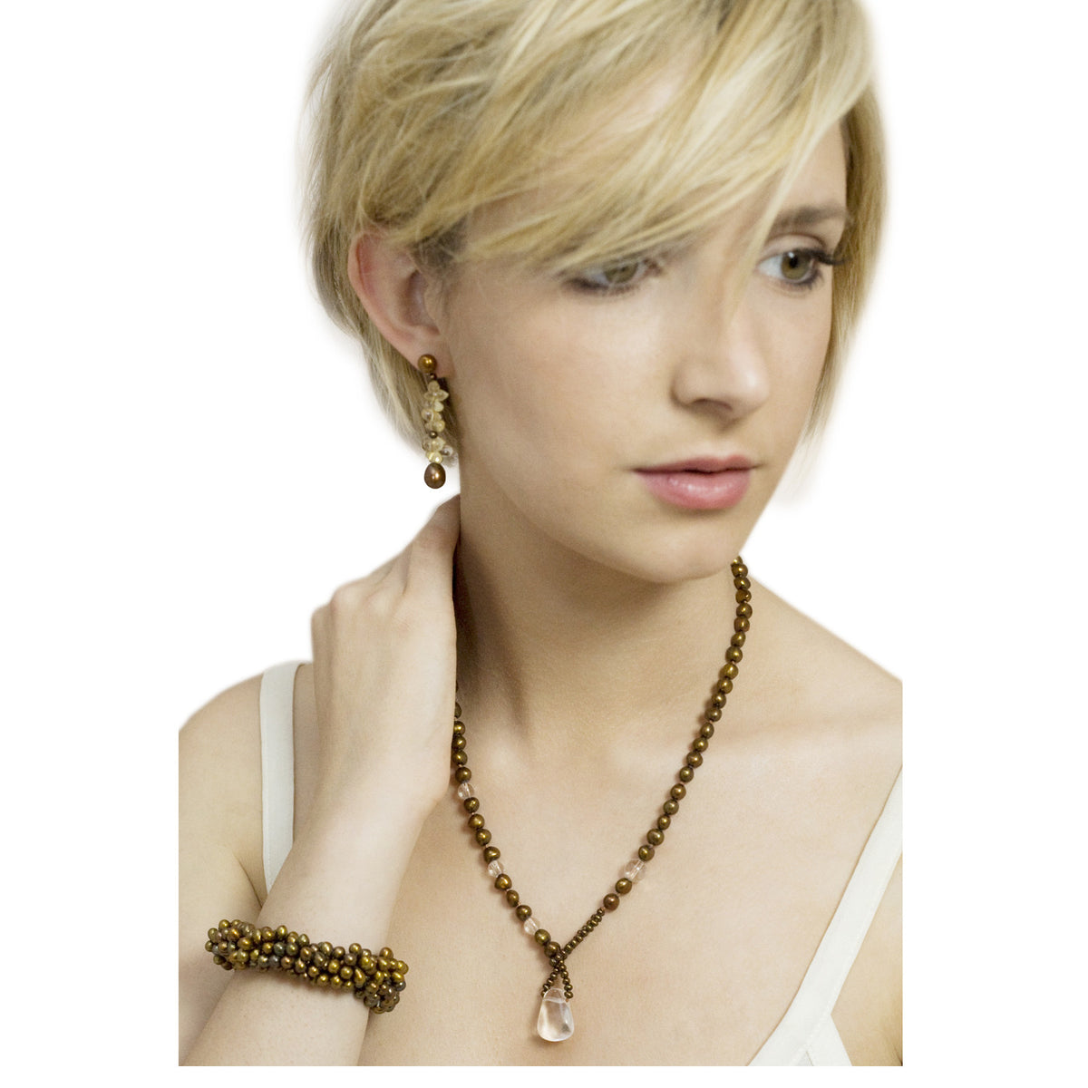 Copper Biwa Pearl &amp; Rock Crystal Short Lasso Necklace