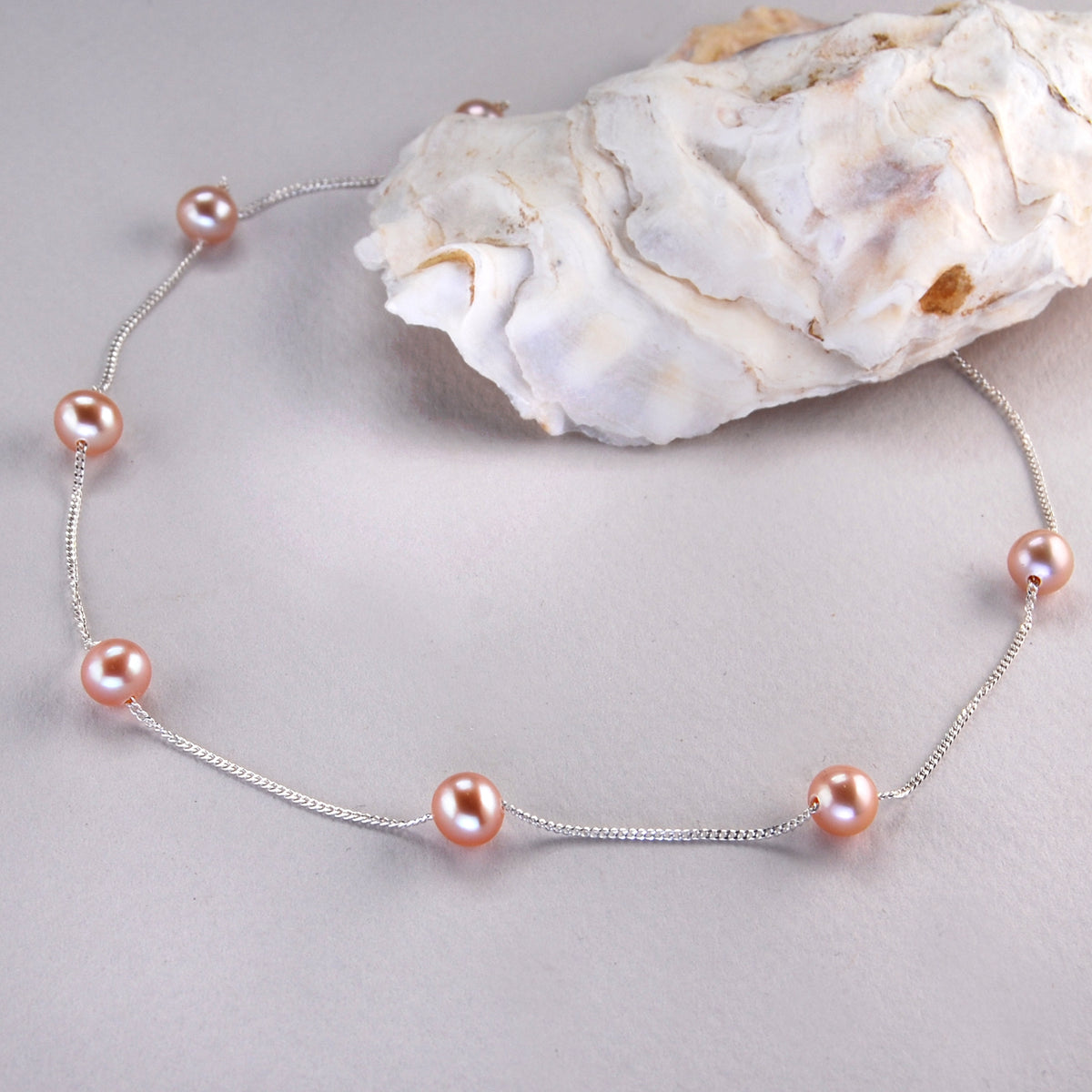 Large round Freshwater Pearl Spacer Necklace on Silver Chain in Pink