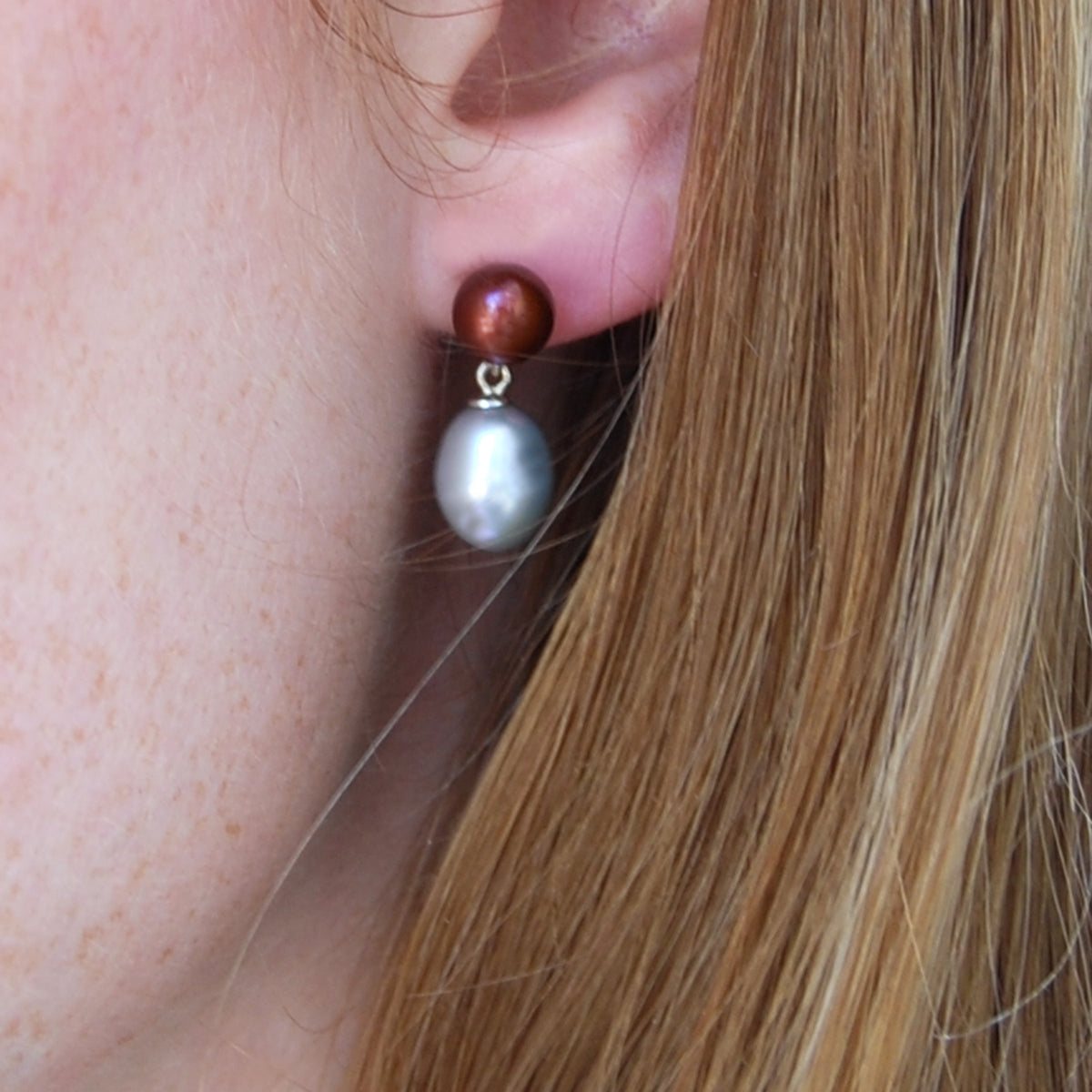 Copper &amp; Grey Freshwater Pearl Mini Silver Drop Earrings