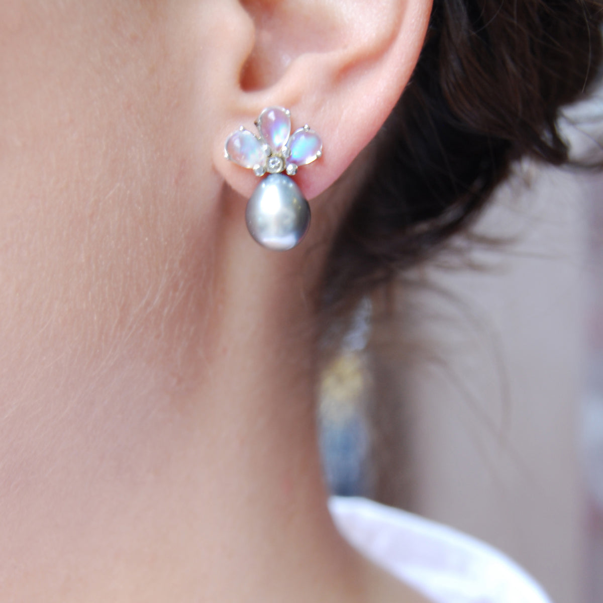 Blue Tahitian Pearl, Diamond &amp; Moonstone Earrings