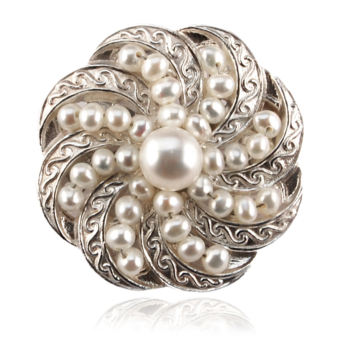 White Freshwater Pearl Silver 'Swirl' Brooch